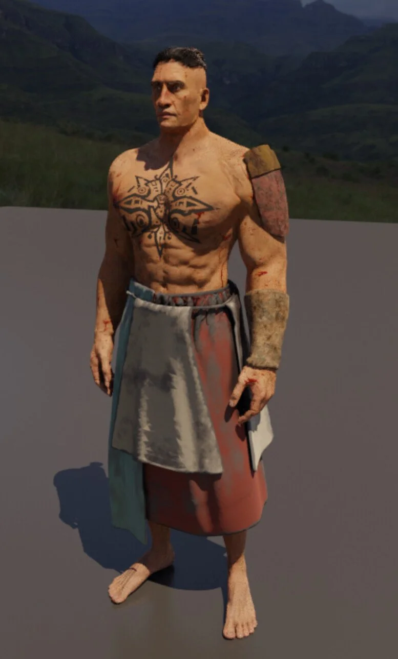 A shirtless man with tattoos and tribal markings on his chest, wearing a skirt and arm bands, standing outdoors with a mountain landscape in the background.