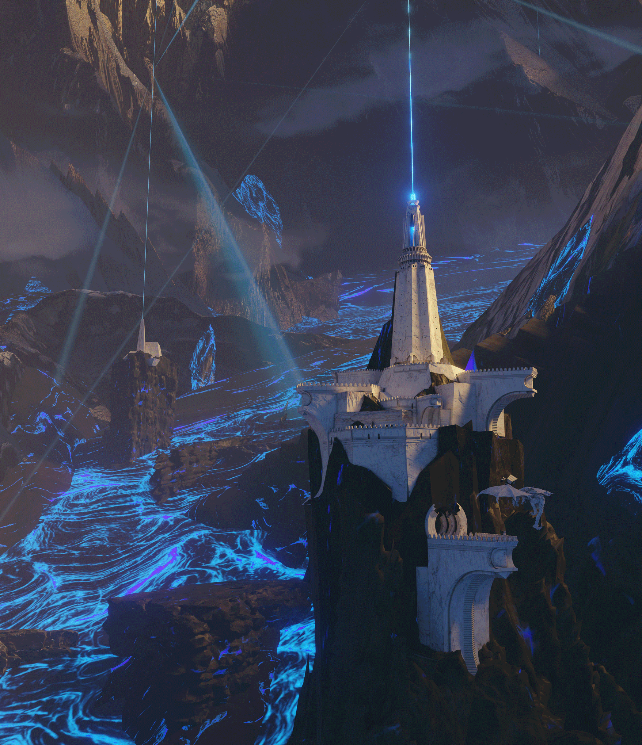 A futuristic mountain scene featuring a tall white tower on a rocky peak, illuminated with blue lights and beams reaching into the dark sky, with glowing blue water flowing around the rocks and mountains in the background.