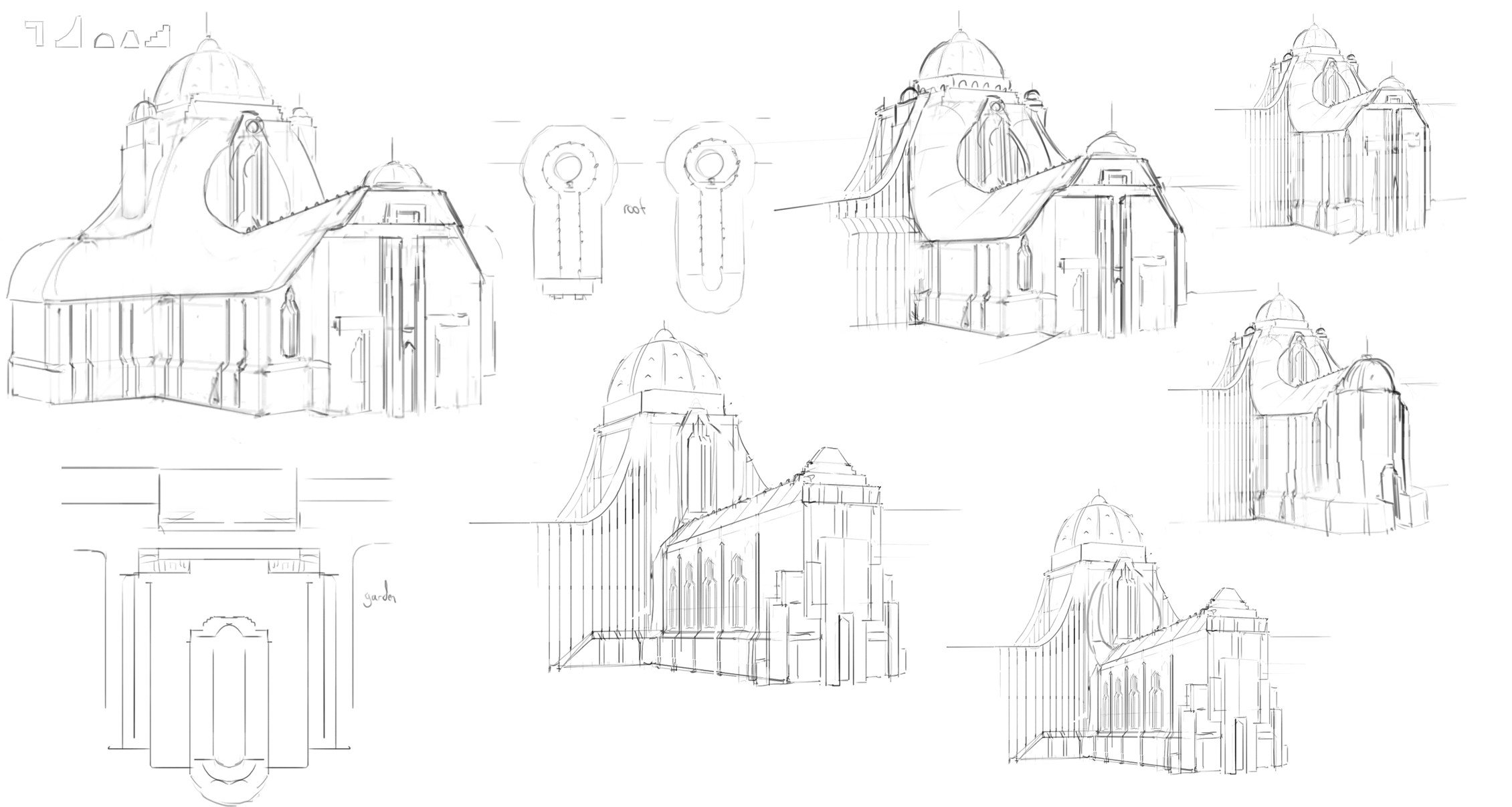 Sketches and blueprints of a dome-shaped building with multiple elevations and views, including top, front, side, and a cross-section, with some notes about the roof and garden.