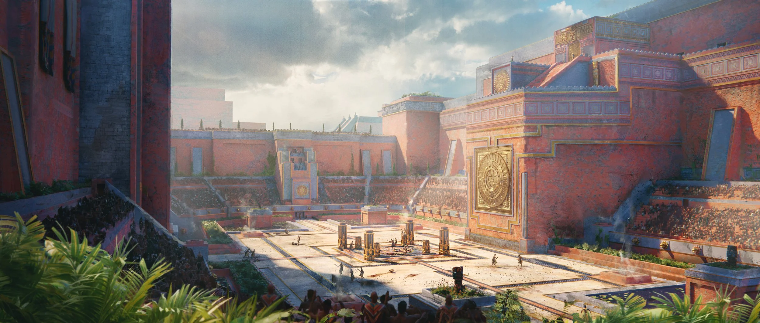 A large outdoor arena with red brick walls, golden decorative elements, and a central stage. The scene includes spectators seated in the stands, some standing and watching, with lush green plants in the foreground. The sky is partly cloudy with sunli