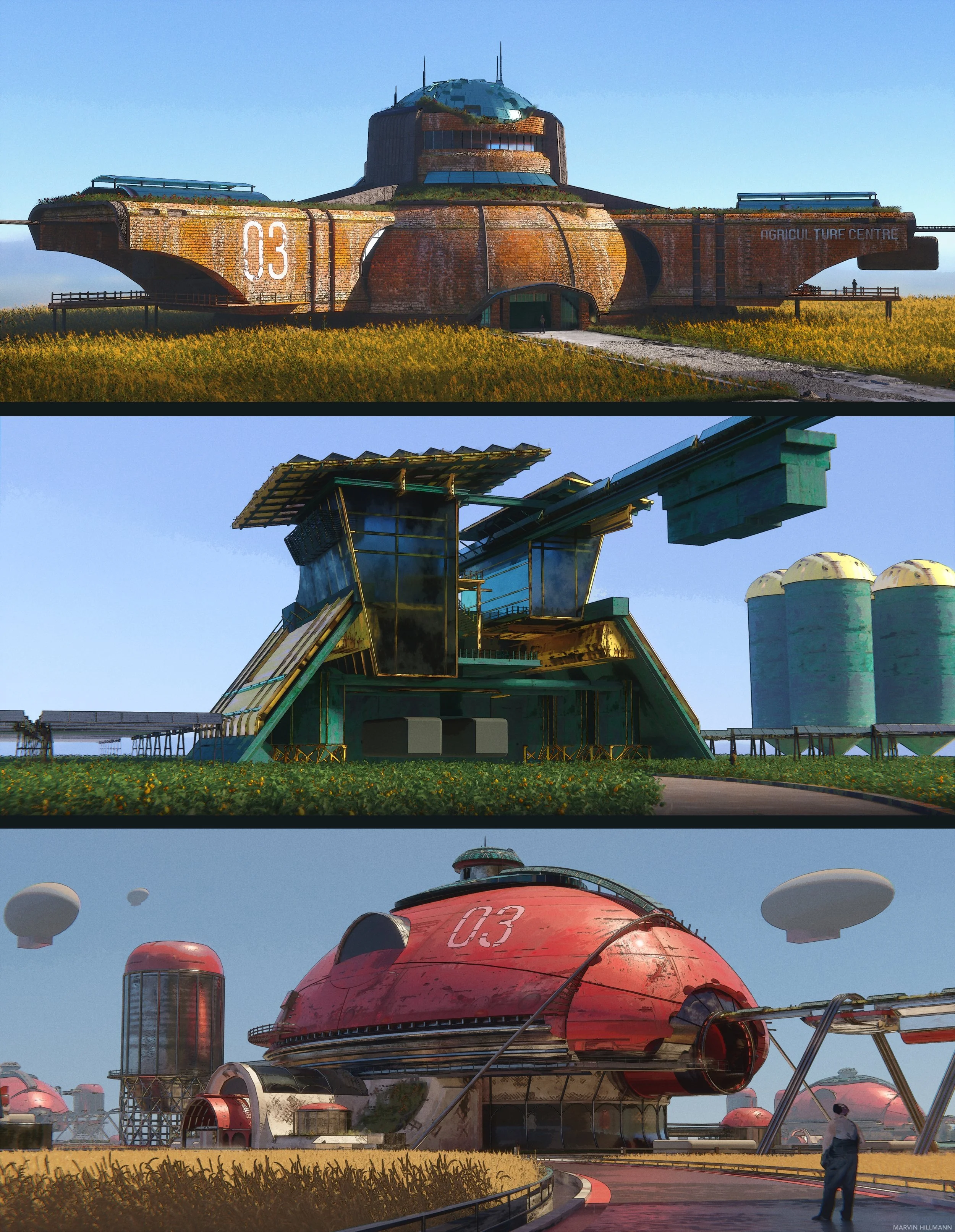 Three futuristic buildings in a science fiction setting: the top building resembles a large, round industrial or research facility with a sign "AGRICULTURE CENTRE," the middle structure is an angular modern building with multiple levels and a solar-p