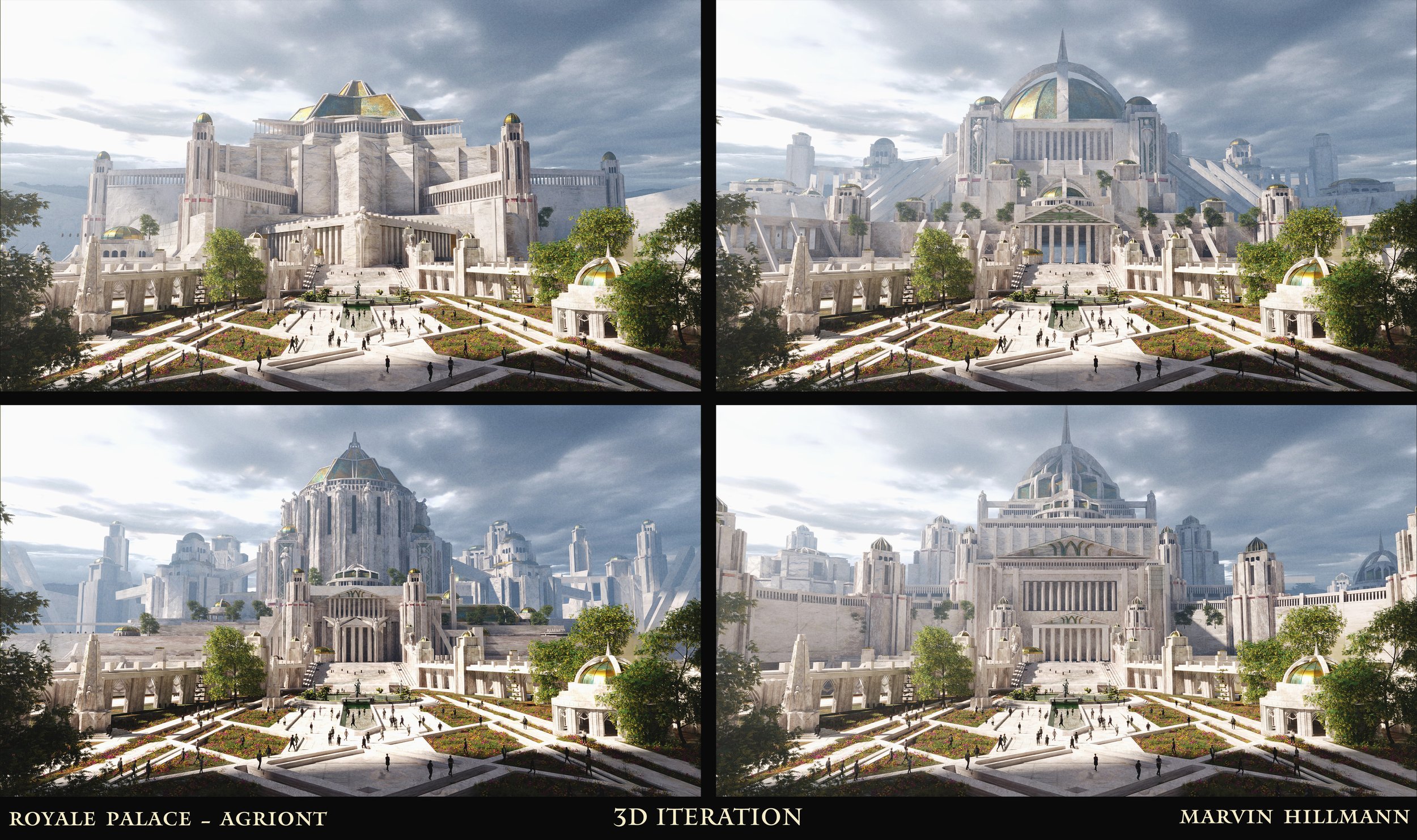 A digital rendering of a grand palace named Royale Palace, designed in a futuristic style by Marvin Hillmann. The image shows four perspectives of the palace, highlighting its intricate architecture with tall towers, domes, and expansive stairways, s
