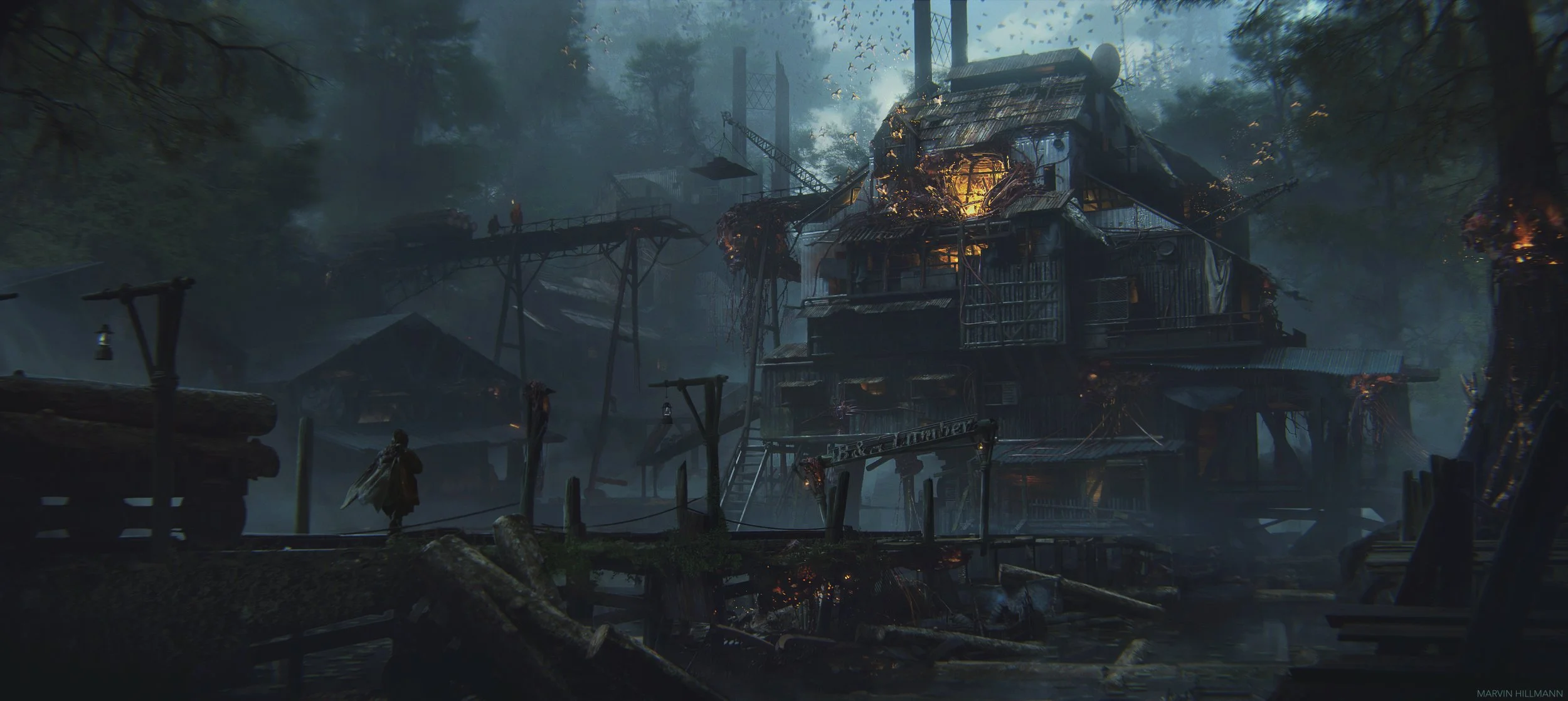 A dark, ominous scene of a damaged, dilapidated house in a foggy forest at dusk. The house has broken windows, a sagging roof, and fires burning inside, with smoke and sparks visible. There are trees surrounding the house, along with wooden walkways,