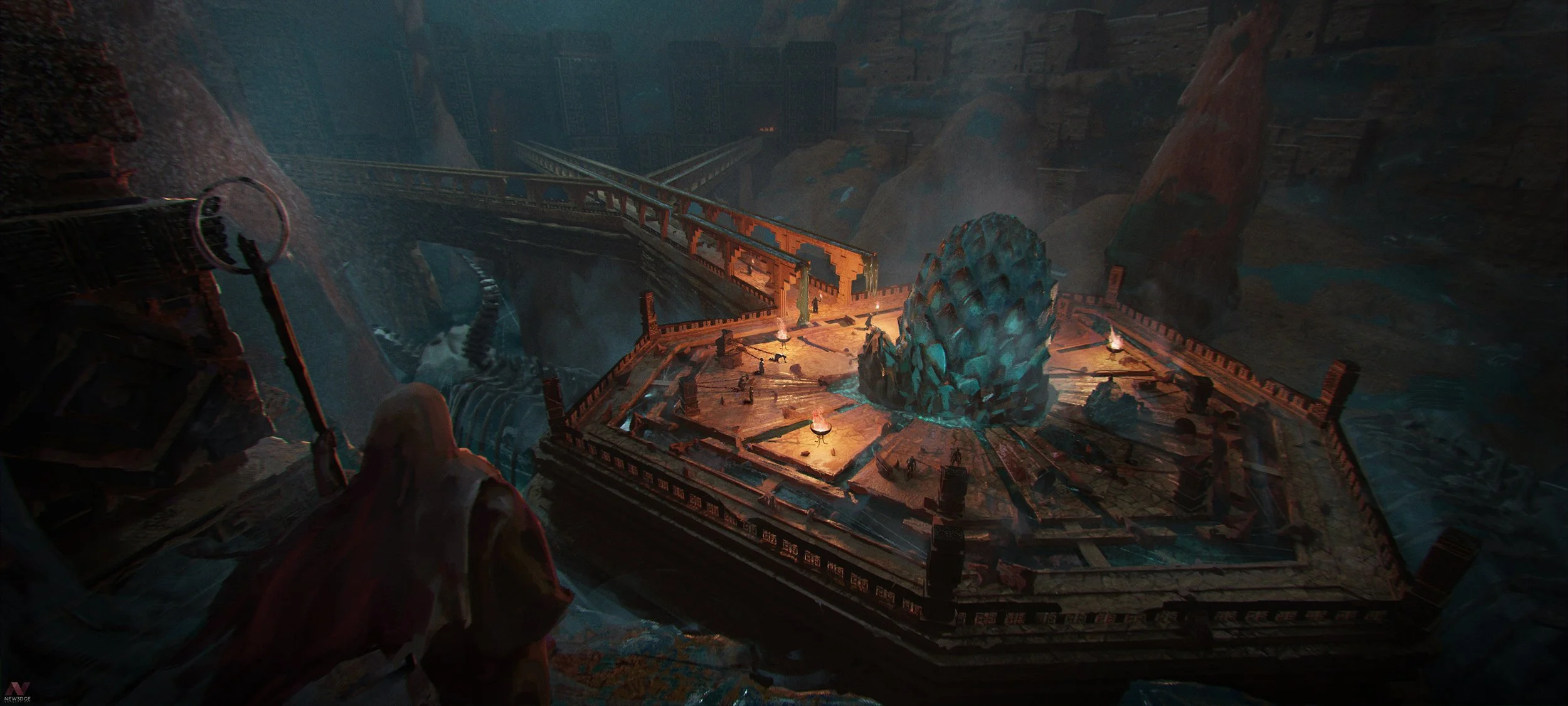 A person holding a torch looking at a large, glowing blue, egg-shaped object on a platform inside a dark cave with bridges and rock formations.