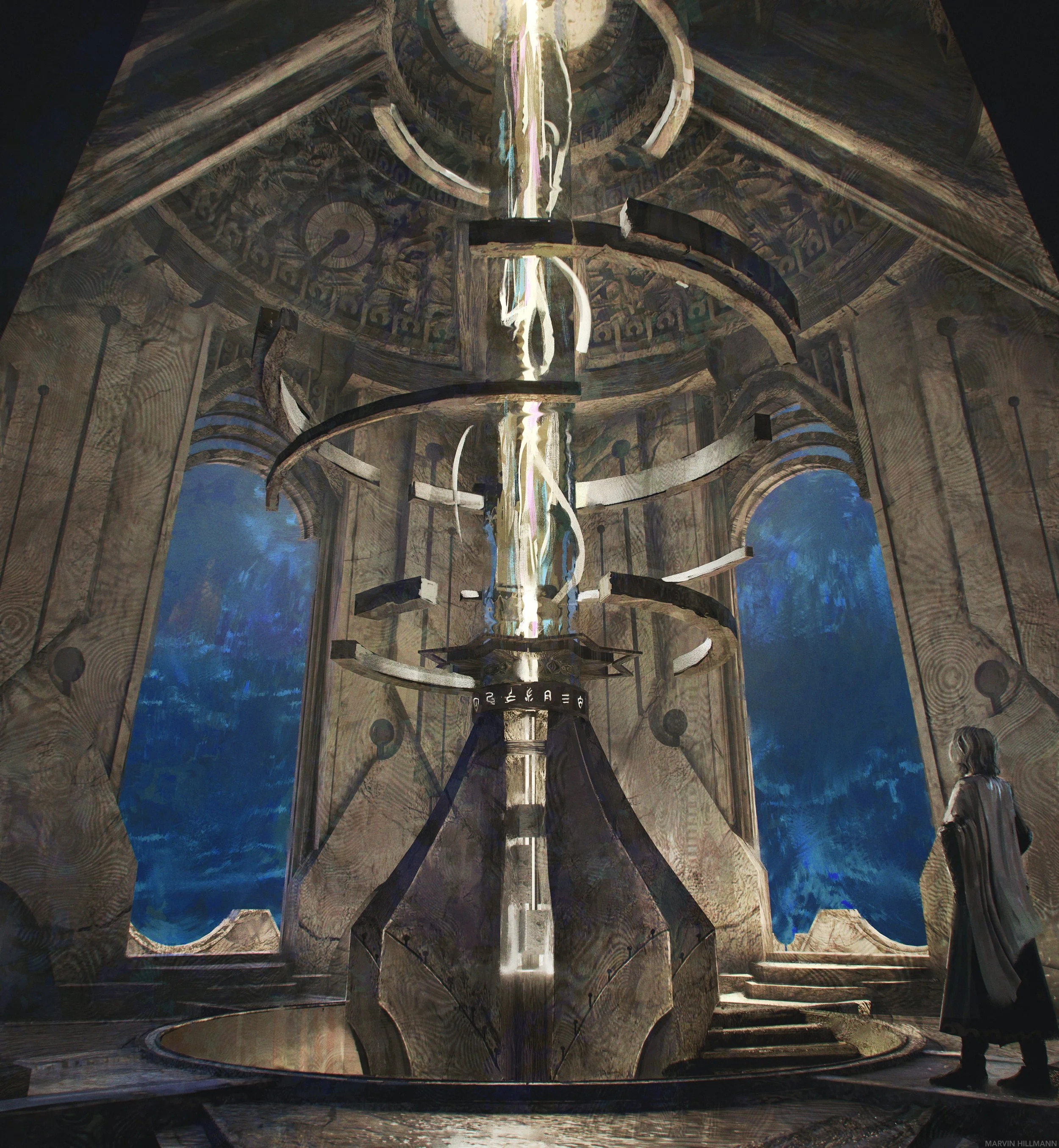 A large, futuristic, metallic room with a spiral staircase around a central column, glowing with ethereal light. Two large, arched windows reveal a starry blue sky outside. A person in dark robes stands on steps to the right, gazing at the structure.
