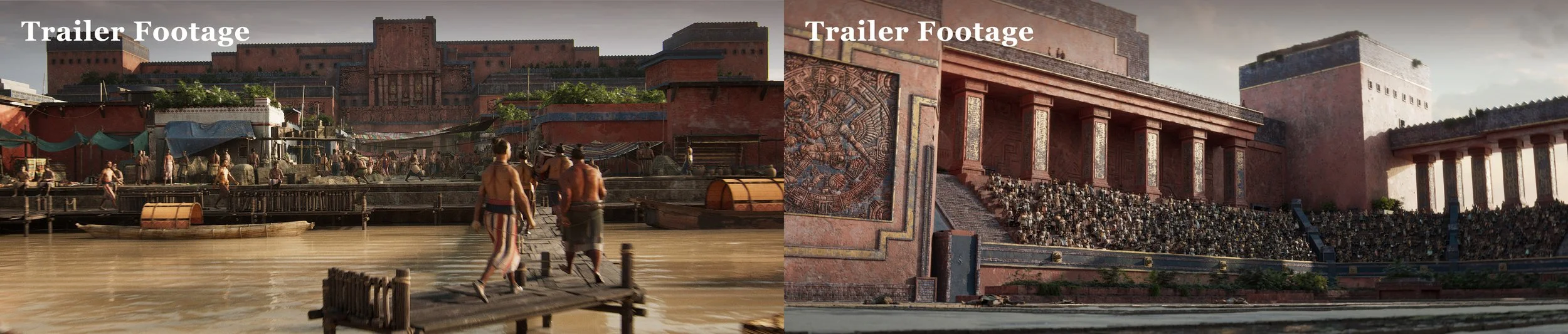 Comparison of trailer footage showing ancient city with river scene on the left and architectural scene with large stairs on the right.