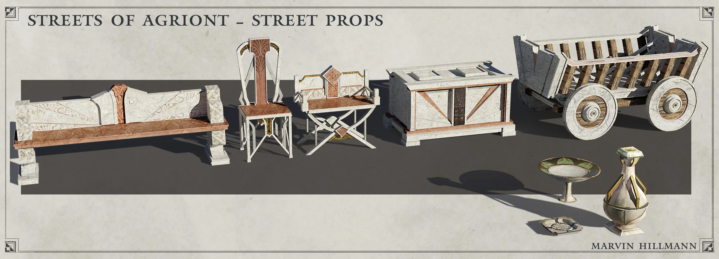 Collection of ornate street props including a decorative bench, a coat rack, a small table with a chair, a wooden box, a cart, and decorative vessels, titled 'Streets of Agriont - Street Props' by Marvin Hillmann.