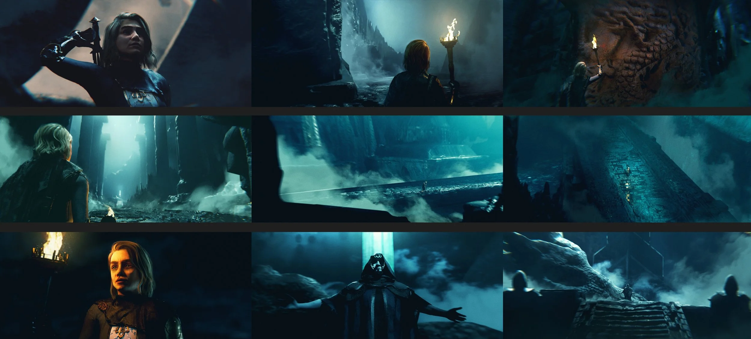 A collage of scenes from a fantasy or science fiction movie featuring women characters exploring dark, mysterious landscapes with ancient ruins, torches, and ominous environments, including a large face carving and a figure with outstretched arms.