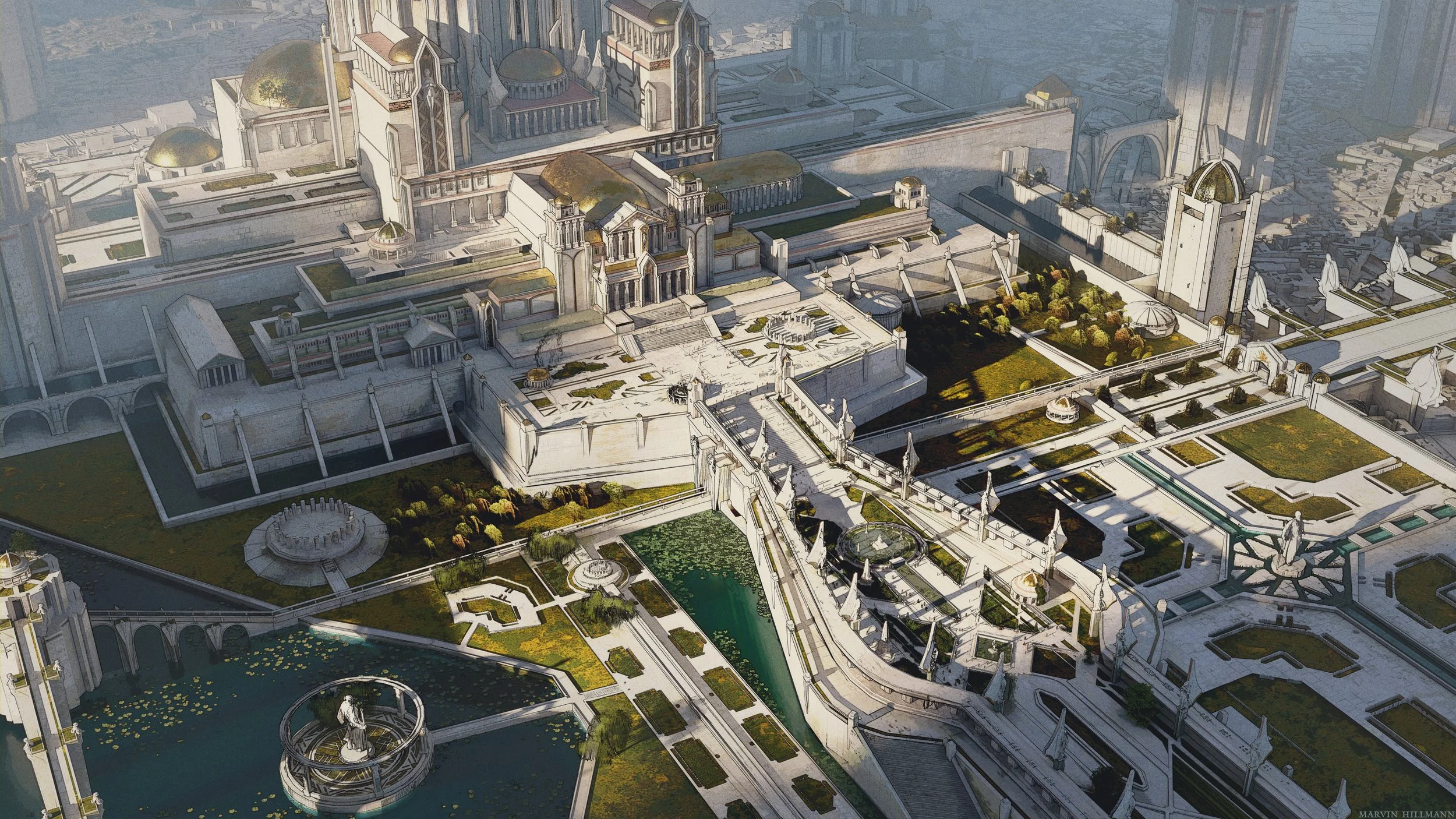 An elaborate cityscape with large white structures, bridges, gardens, water features, and a prominent central building with golden domes, indicating a futuristic or fantasy city.