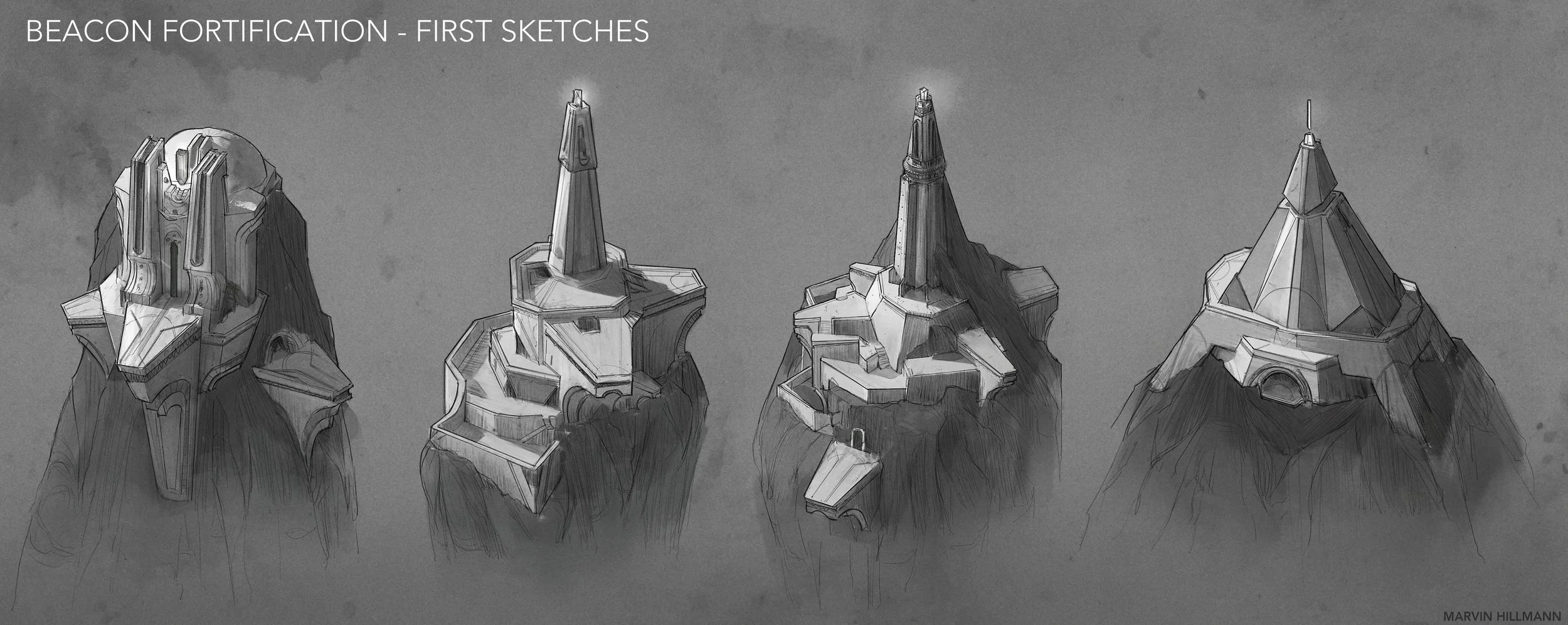 Four architectural sketches of fortress structures on mountain peaks, labeled 'Beacon Fortification - First Sketches'. The drawings are in grayscale, showing different designs of fortress turrets and walls on rocky formations.