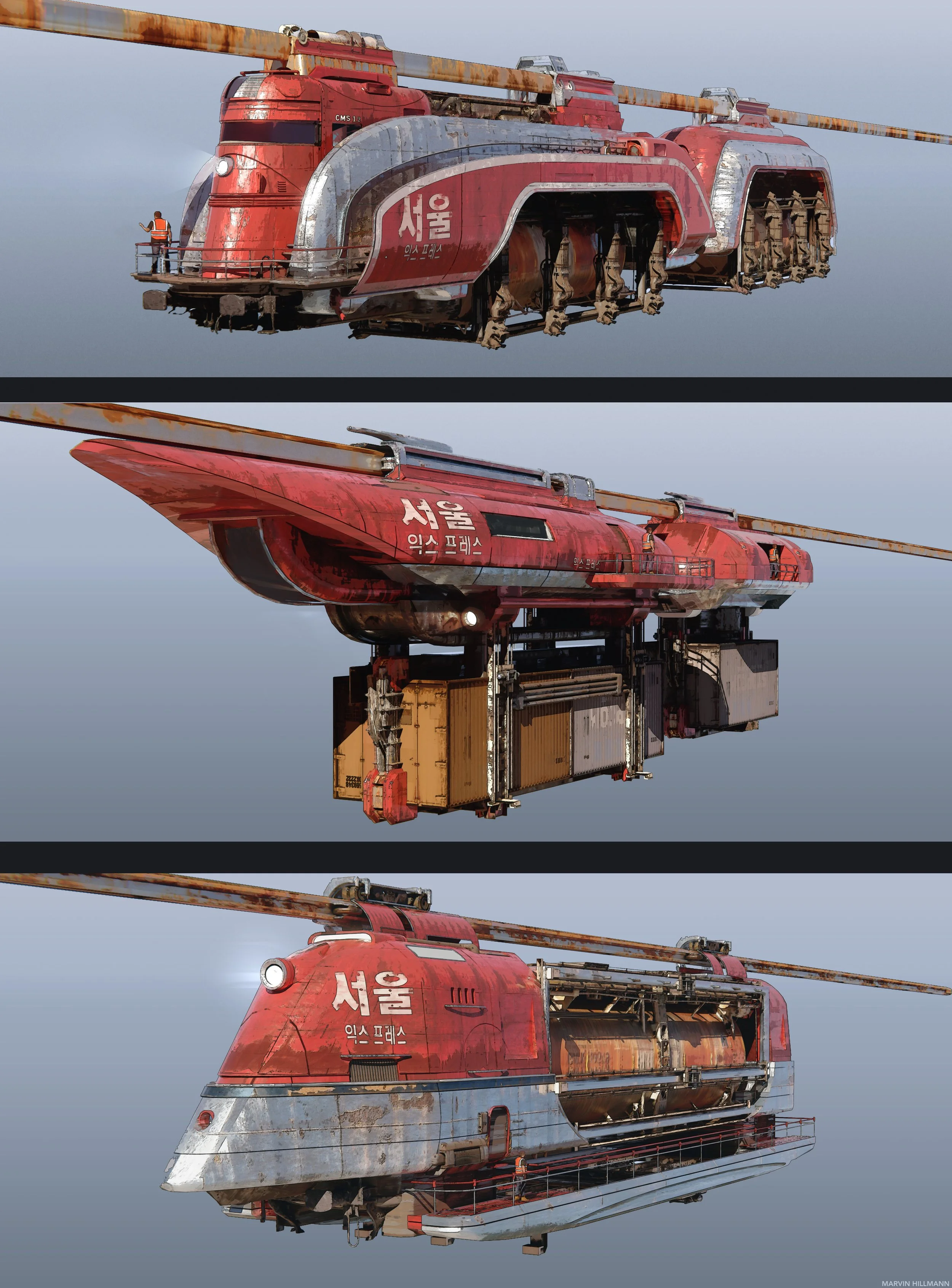 Three different angles of a futuristic, rusted red helicopter with Korean writing, floating against a cloudy sky.