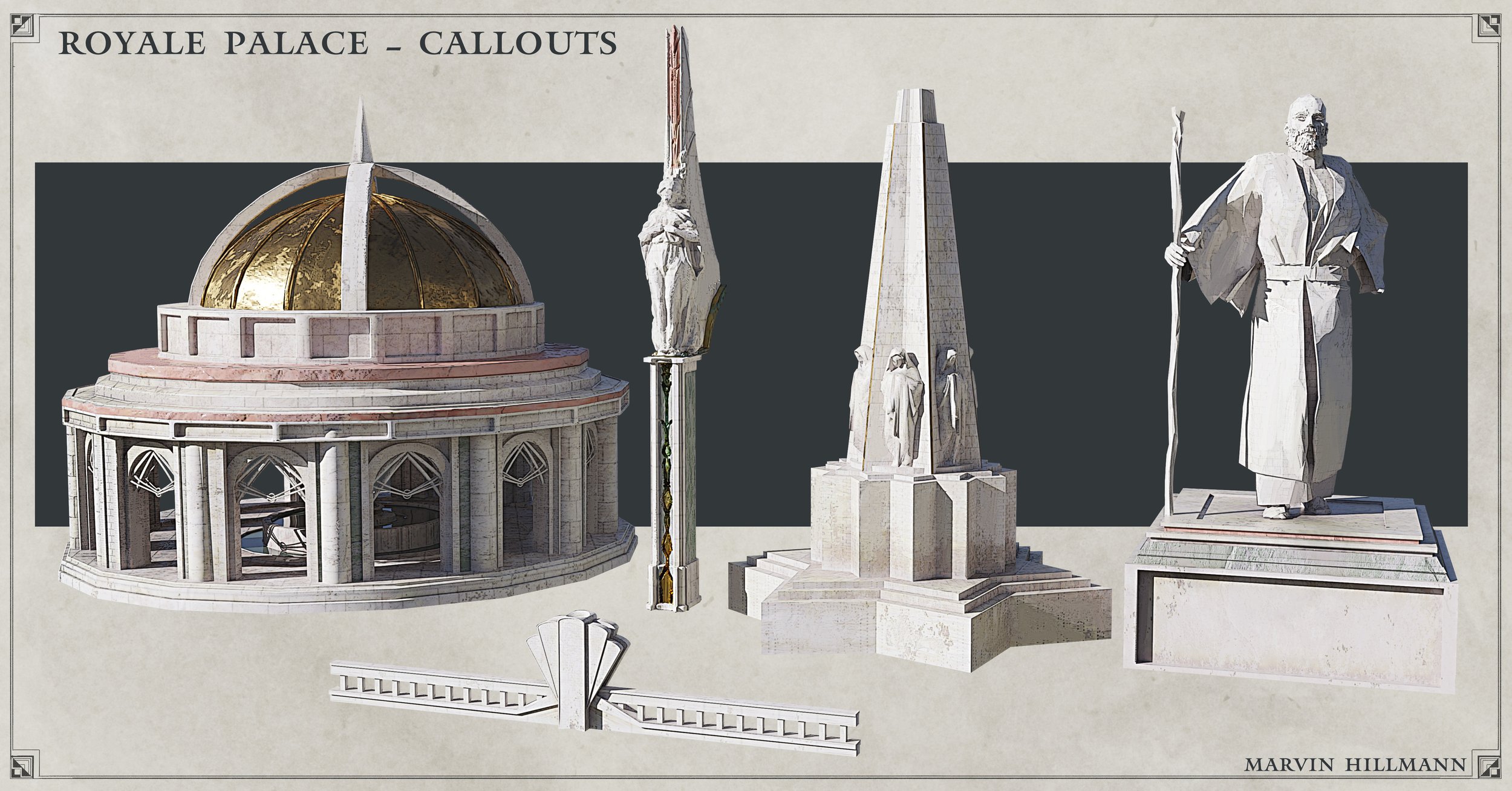 A collection of architectural sculptures and monuments from the Royal Palace, including a domed building, a statue of a man with a sword, a tall obelisk with figures, a statue of a bearded man with a staff, and a stylized sculpture of a fan and stair