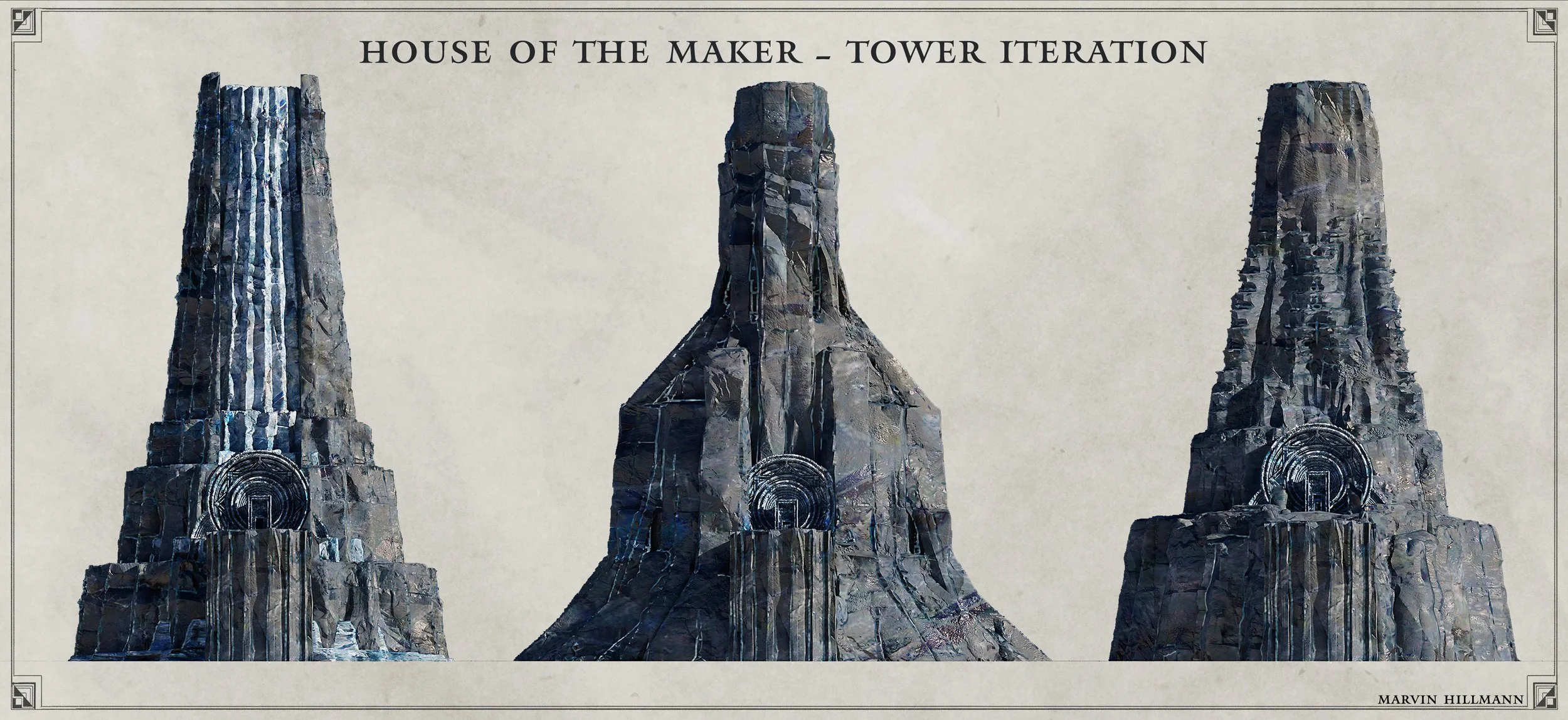 Illustration showing three styles of a stone tower labeled 'House of the Maker - Tower Iteration', with Marvin Hillmann's name in the bottom right corner.
