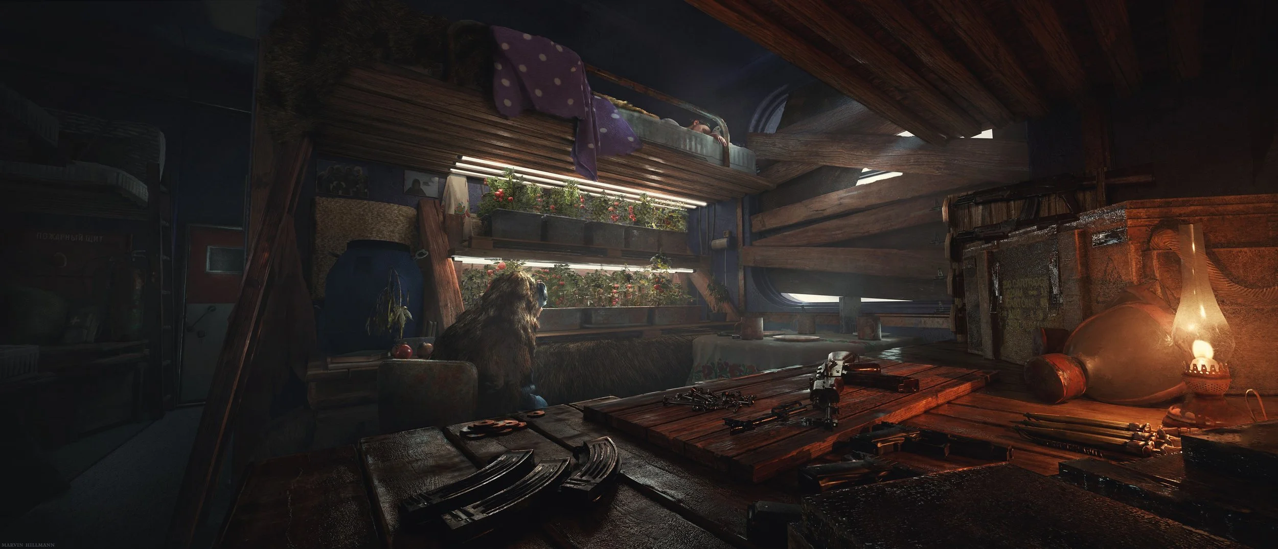 A rustic attic with wooden beams, a table with guns, and a bear sitting next to a window with flowers.
