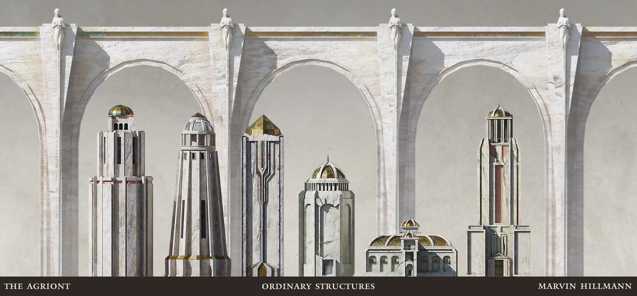 A digital illustration of various architectural structures with a large arch and statues on top. The structures resemble futuristic towers and buildings made of stone and marble, with one featuring a dome and another a pyramidal shape. The background