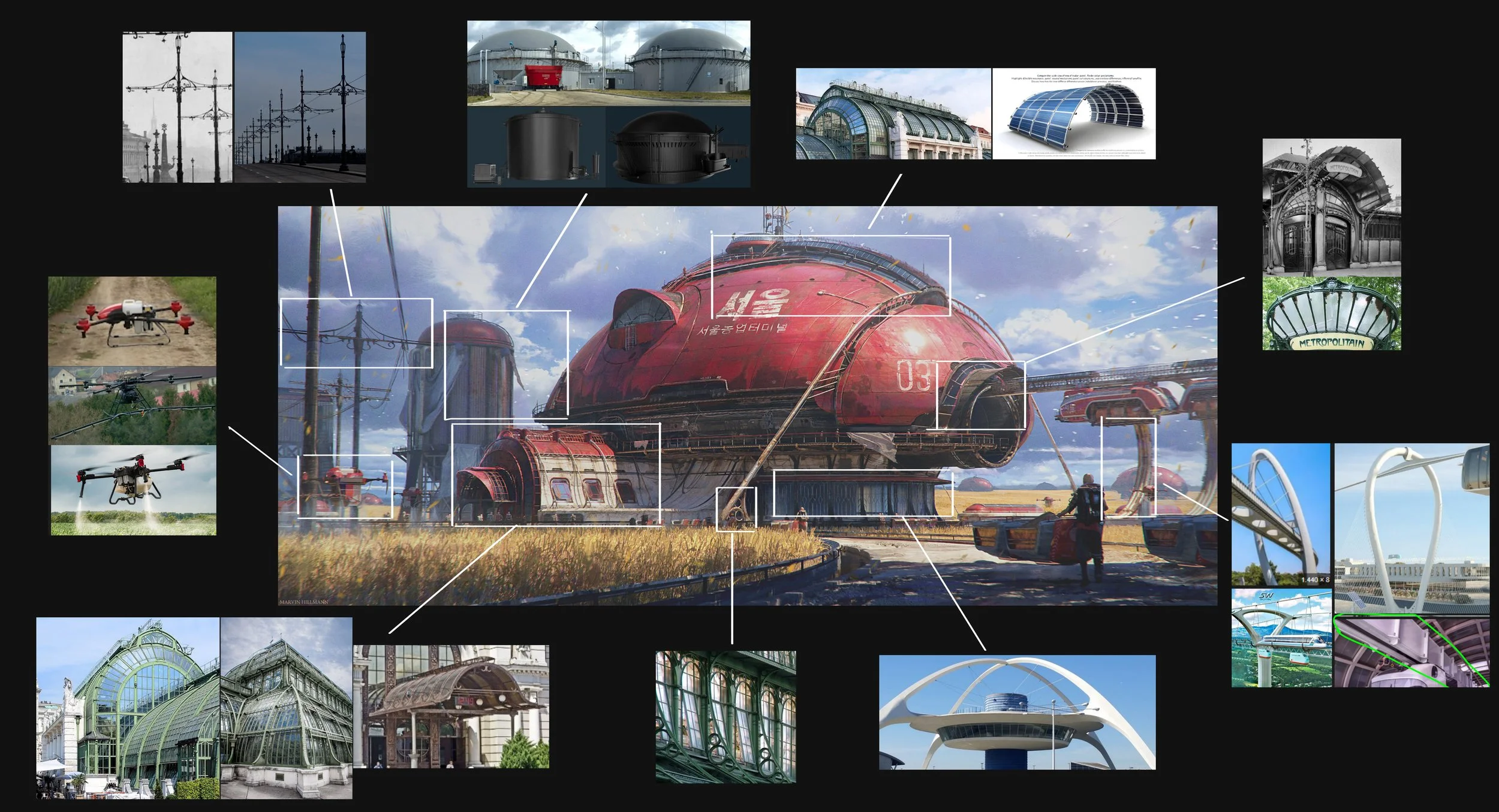 Digital collage of futuristic cityscape with large red dome-shaped building at center, surrounded by smaller images of modern architecture, transportation technology, and infrastructure elements.