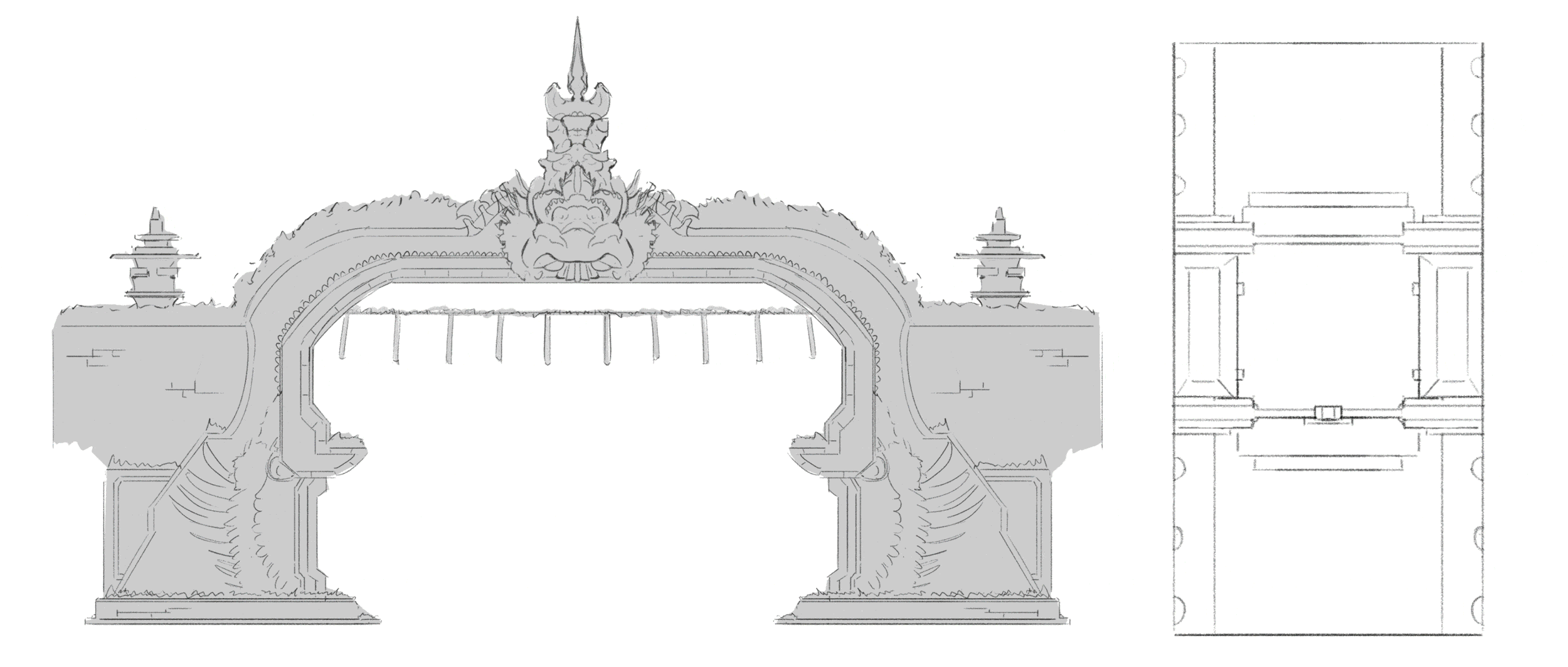 Line drawing of an ornate architectural gate with dragon or lion head motif at the top center, flanked by two smaller pagoda-style structures on either side, and a detailed floor plan or blueprint to the right.