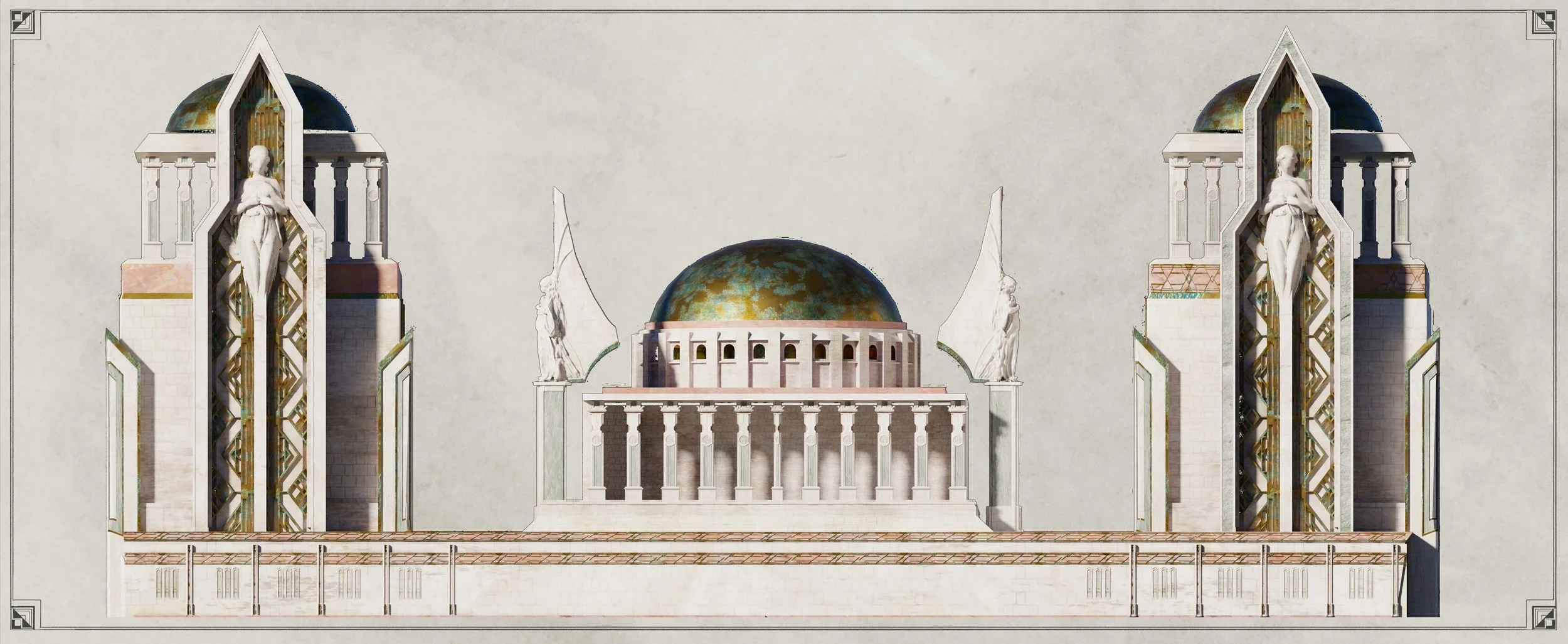 An architectural drawing of a grand building with a large dome at the center, flanked by two tall towers with statues of women near the top. The building features classical columns and decorative elements.