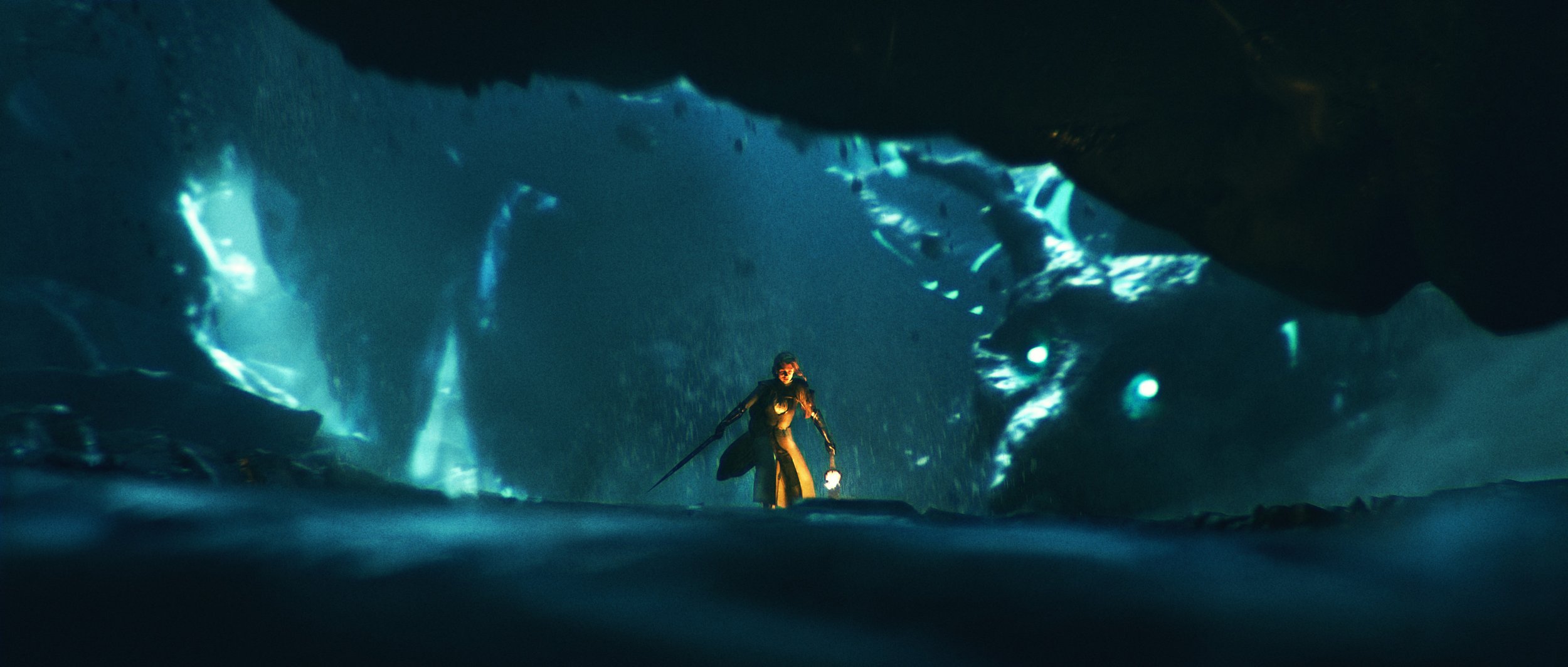 A person dressed in dark armor holding a staff with a glowing light, standing in a dark cave with large ice formations and a giant icy creature with glowing eyes behind them.
