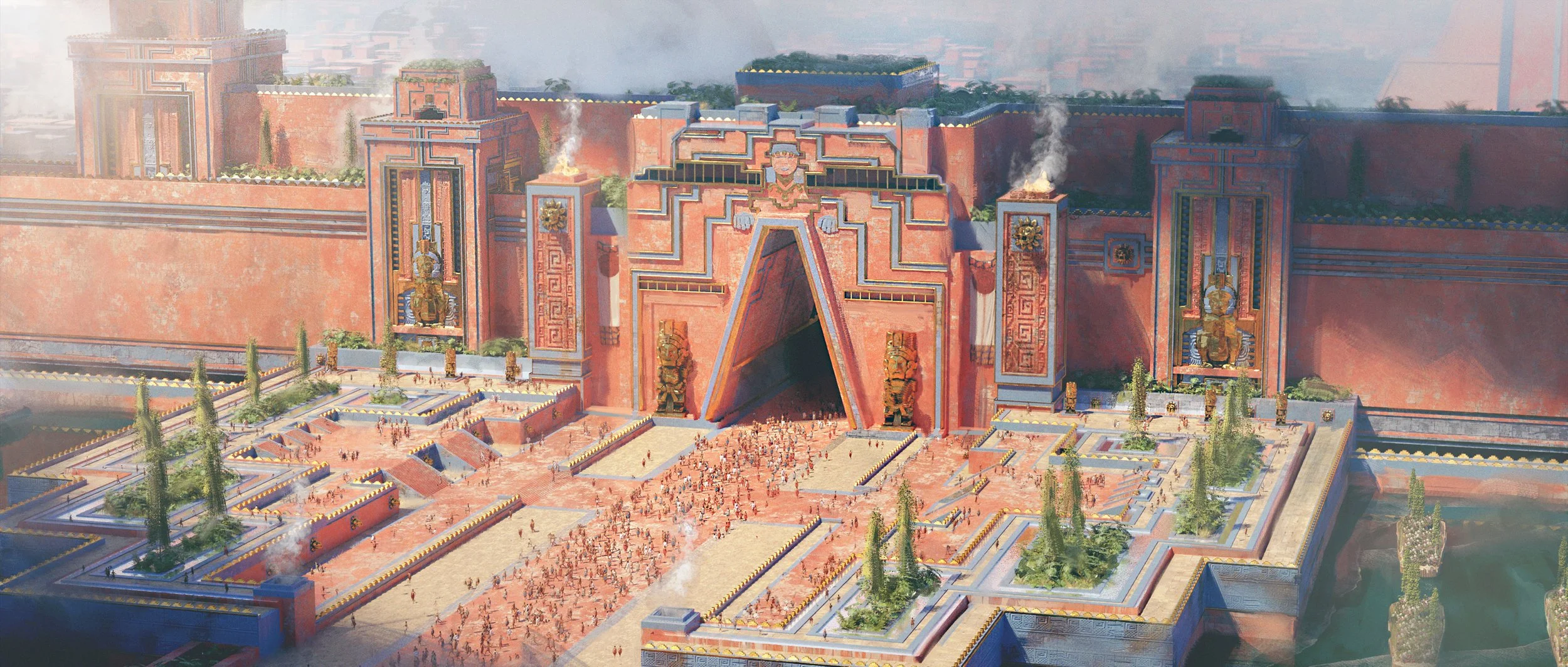 A digital rendering of a large ancient city with a massive stone wall and grand entrance gate featuring intricate carvings and statues. The city includes expansive courtyards, greenery, and stairs leading to different levels with people walking aroun