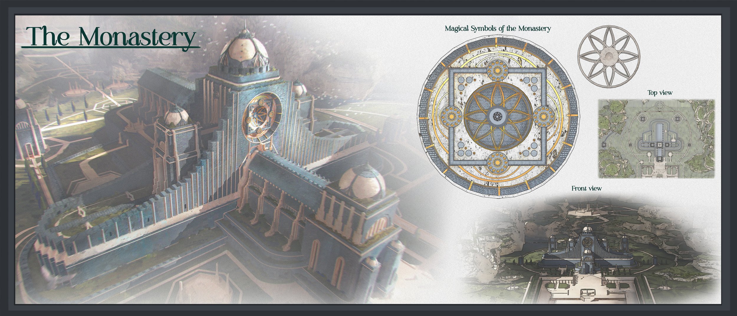 Architectural diagram and plans of a large, ornate monastery with detailed schematic drawings, top view, front view, and some decorative symbols.