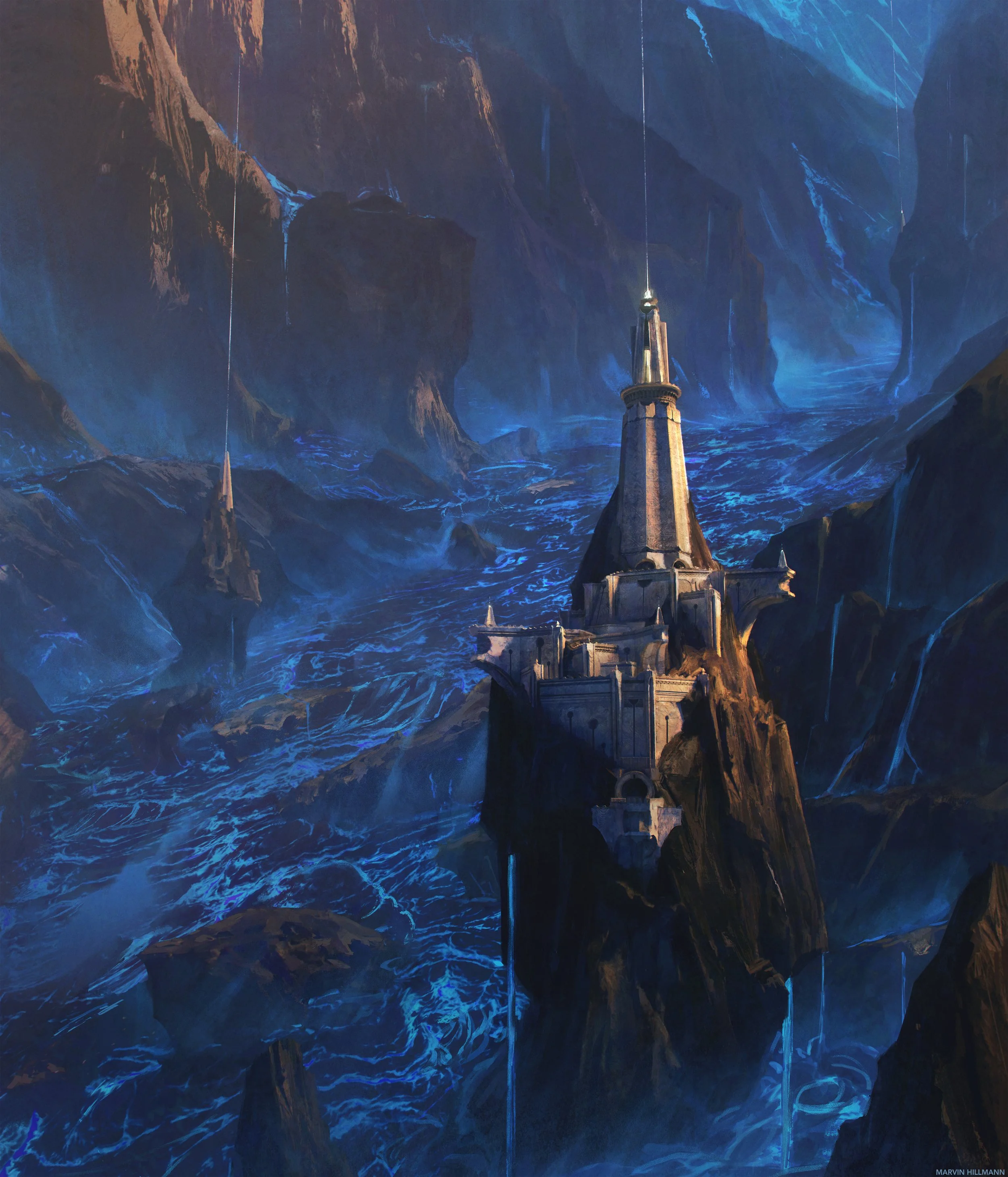 A dark, fantasy-style painting of a castle built on a rocky spire in a deep valley surrounded by mountain peaks, with waterfalls and streams flowing down the cliffs, under a moody blue sky.