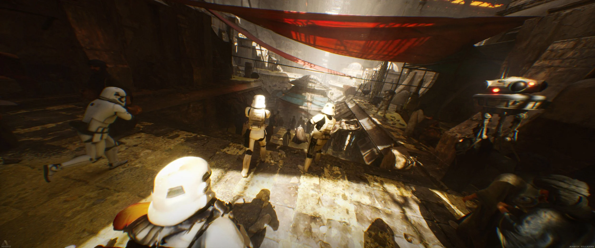 Scene from a sci-fi video game showing stormtroopers exploring a destroyed urban area with debris, wreckage, and damaged buildings.