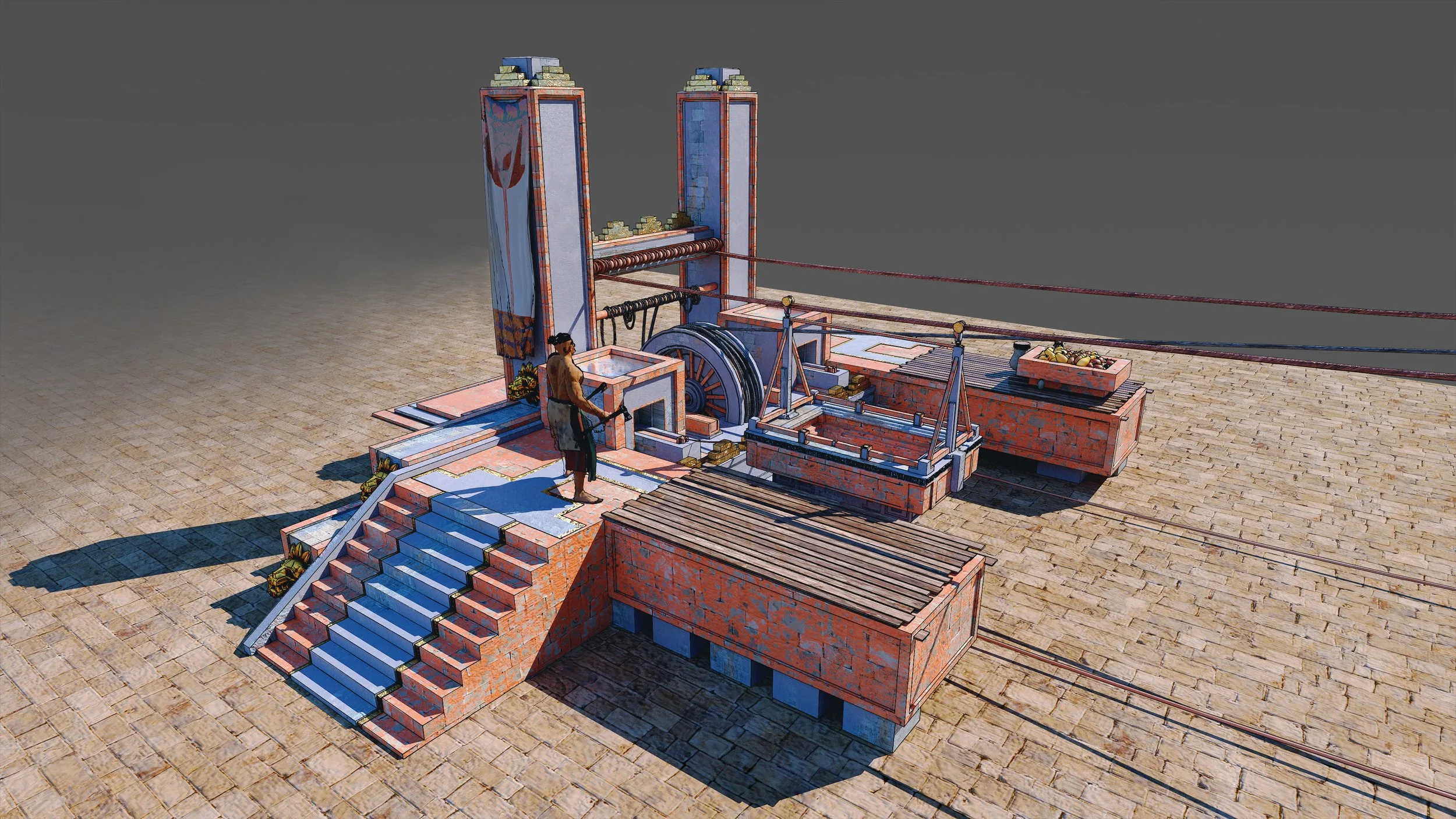 A 3D-rendered image of a small ancient-era construction site with stairs leading to an elevated platform, a worker in ancient clothing, and brick structures.