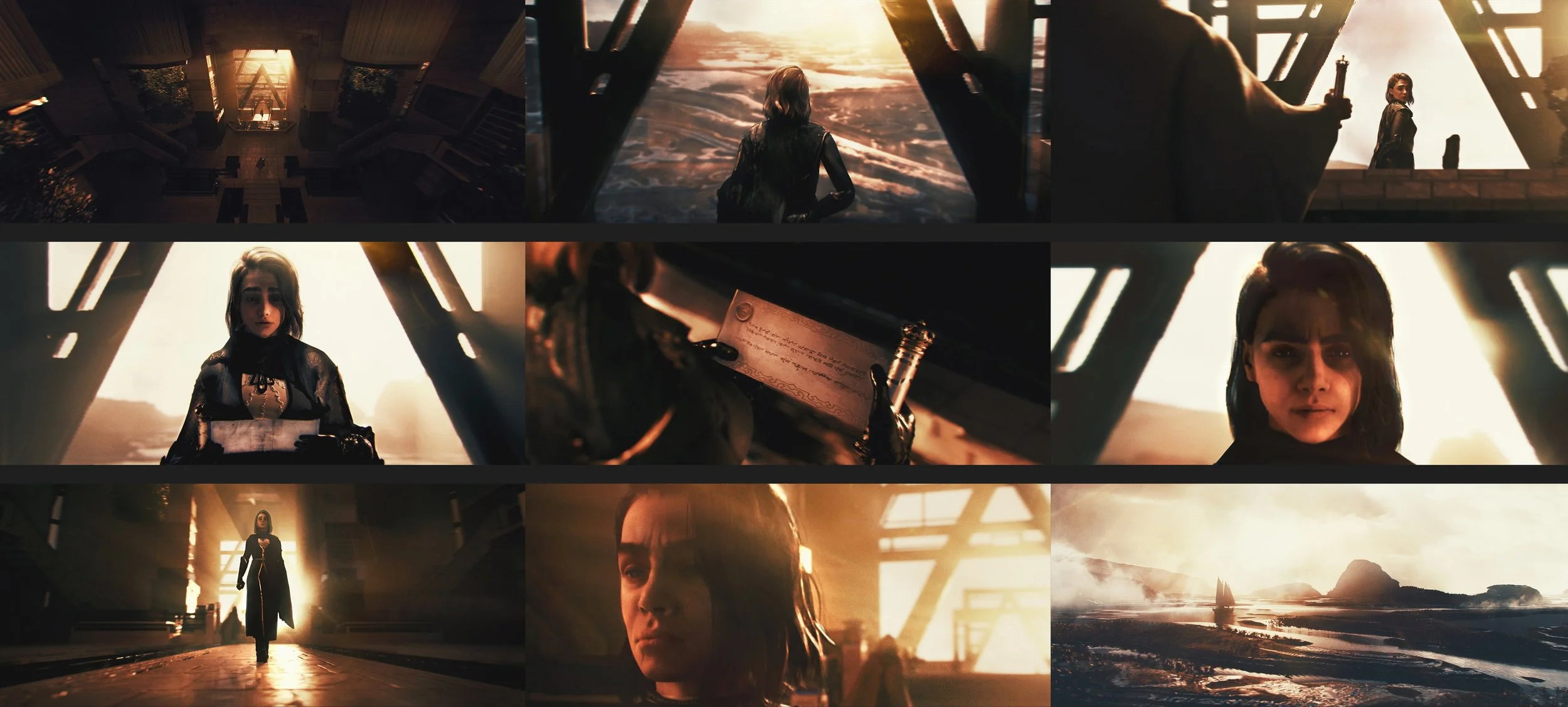 A collage of scenes from a science fiction film, featuring a woman with short dark hair, reading a letter, standing in a futuristic structure with an ocean view, and sailing on a sea with mountainous islands at sunset.