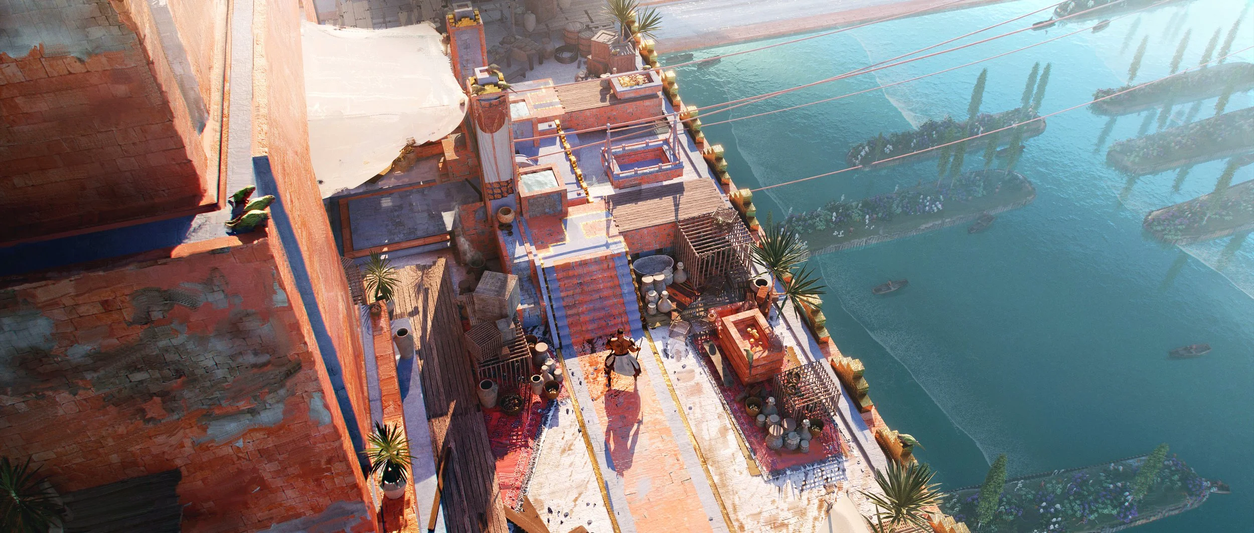 Aerial view of a rooftop terrace with potted plants, rugs, and various furniture overlooking a body of water with boats and long floating green gardens.