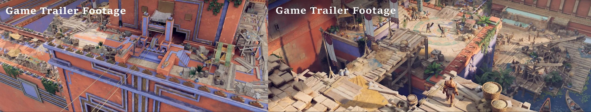 Comparison of two scenes from a video game showing construction areas with building materials, scaffolding, and characters on a rooftop with a cityscape background.