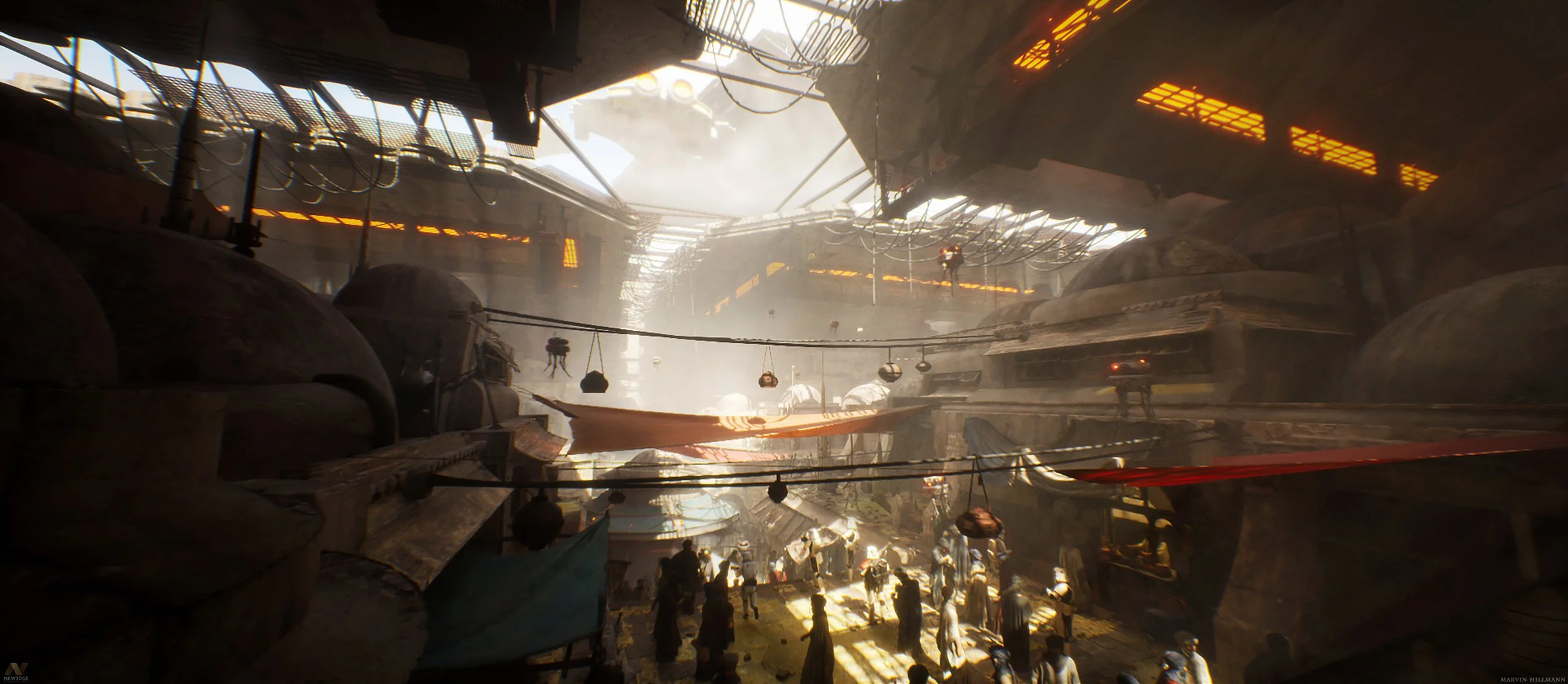 A scene from the movie 'The Mandalorian' showing a busy, dystopian marketplace on a floating city with rocky terrain and makeshift structures. People walk through the area, and there are various hanging lights and cables overhead.