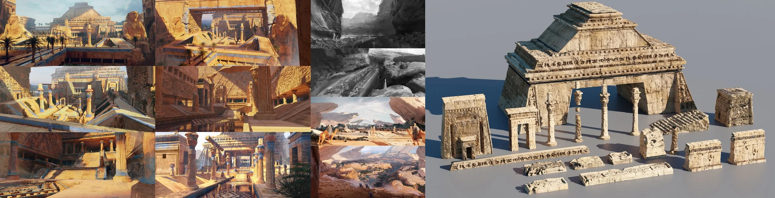 Composite image of ancient architecture and landscapes, including detailed 3D renderings and historical ruins of temples and structures, with one section showing archaeological site models and photos of desert landscapes featuring camels.