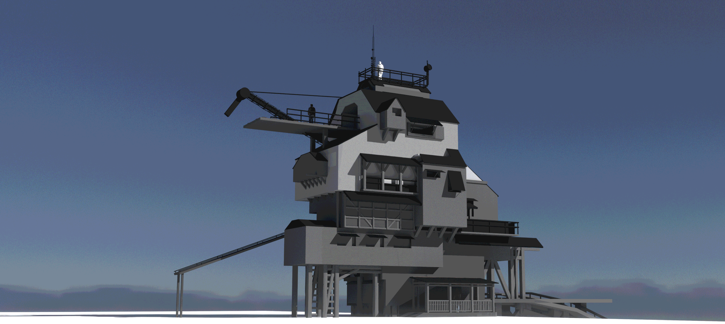 A modern art-style illustration of a house designed to look like a ship, on stilts, against a cloudy sky.