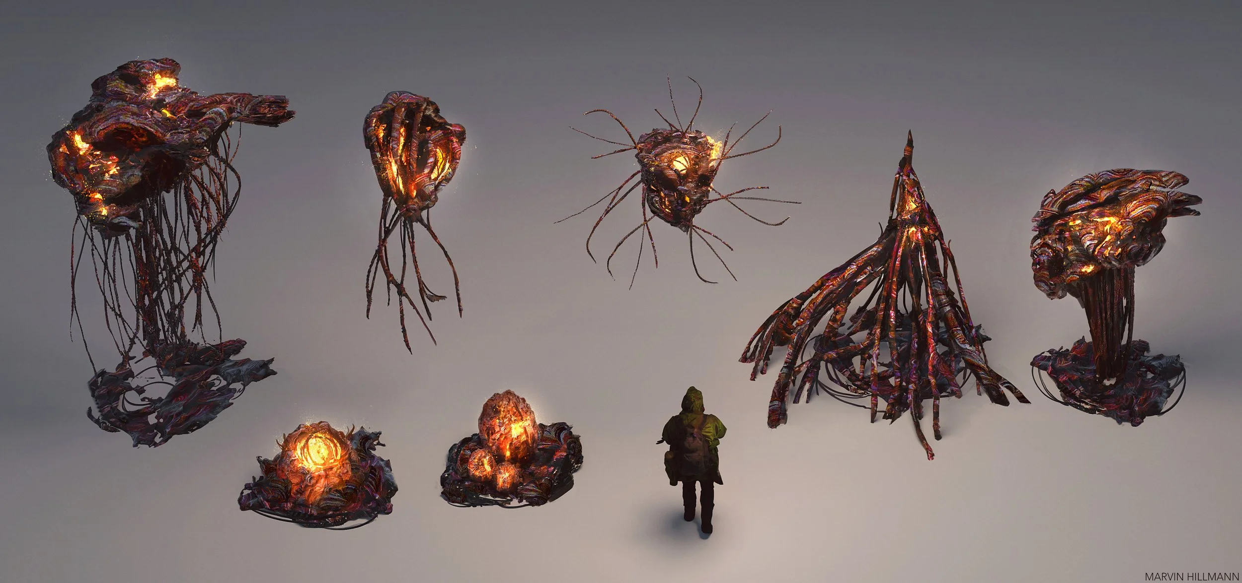 An art installation featuring five large, abstract, glowing sculptures that resemble organic or mineral forms, illuminated with warm orange and red lights on a gray background. A person stands in front of the sculptures for scale.