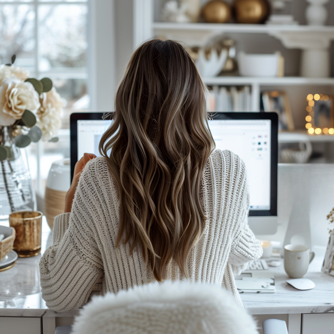 Woman with long wavy hair working on a computer in a cozy, well-decorated home office.