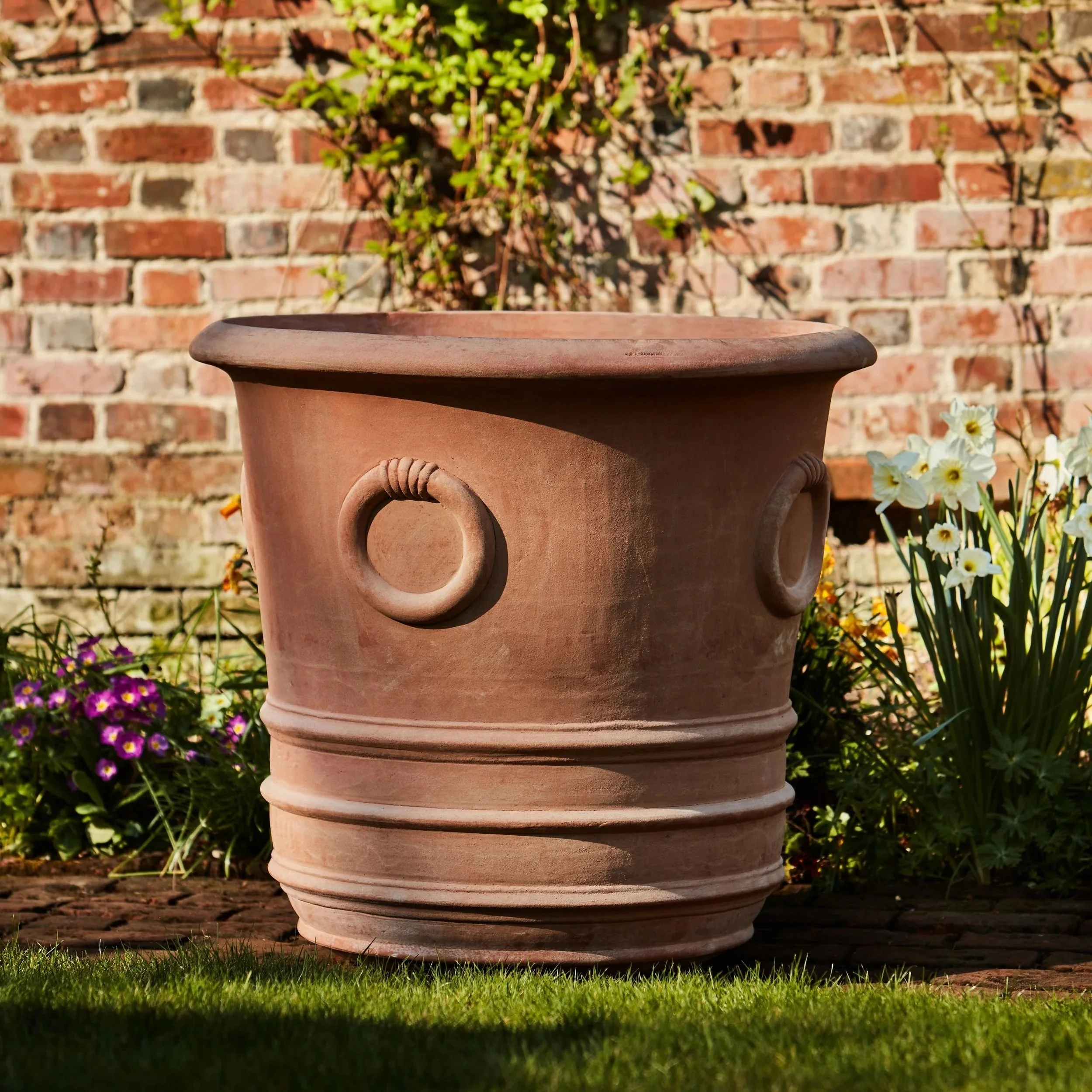 Large terracotta flower pot with decorative circular handles sits outdoors in a garden, surrounded by blooming flowers and plants, against a brick wall background.