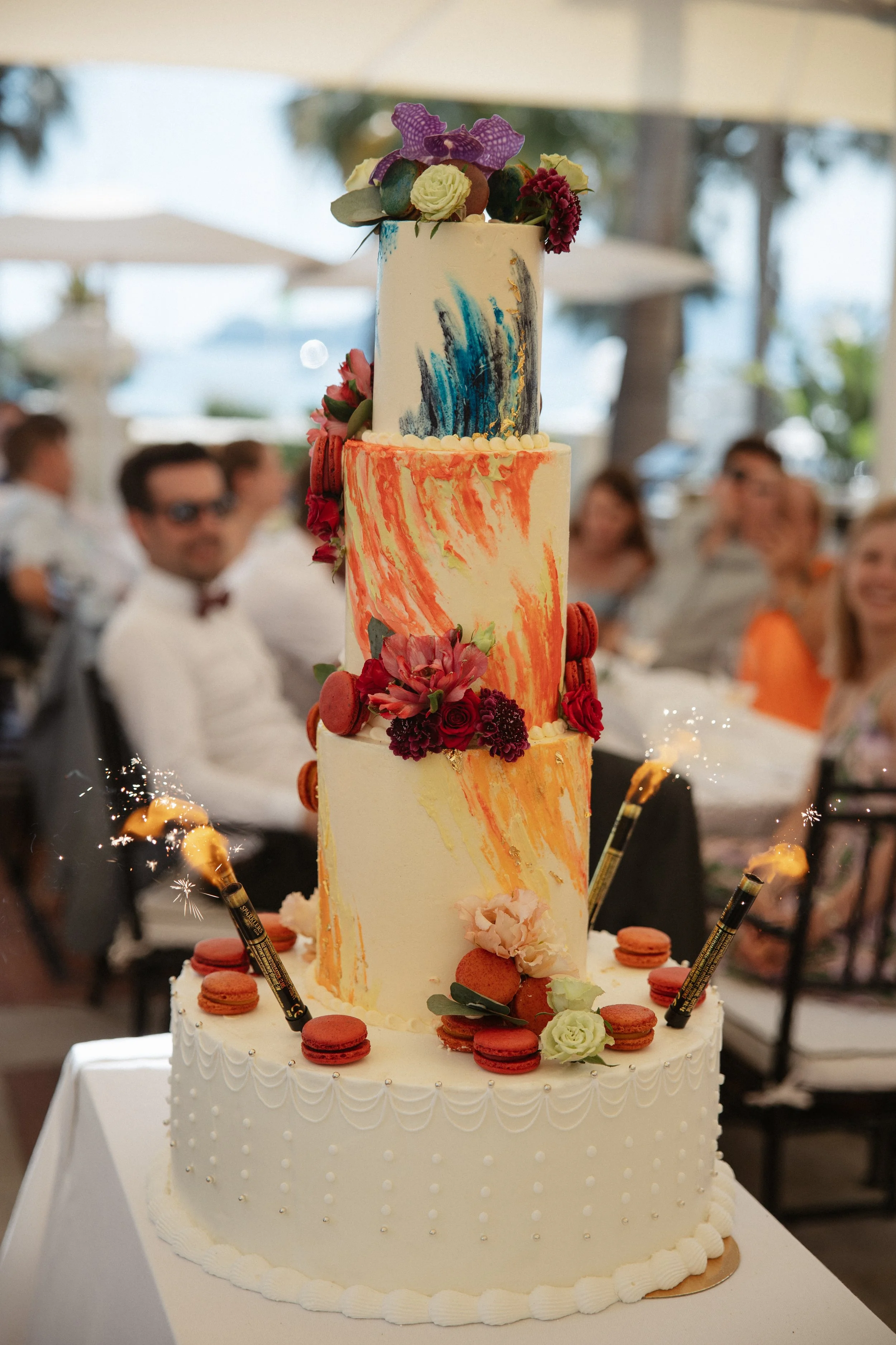 Elegant wedding lunch and cake cutting at the iconic Carlton Cannes, where family and friends celebrated together in a timeless setting on the French Riviera during a luxury destination wedding.