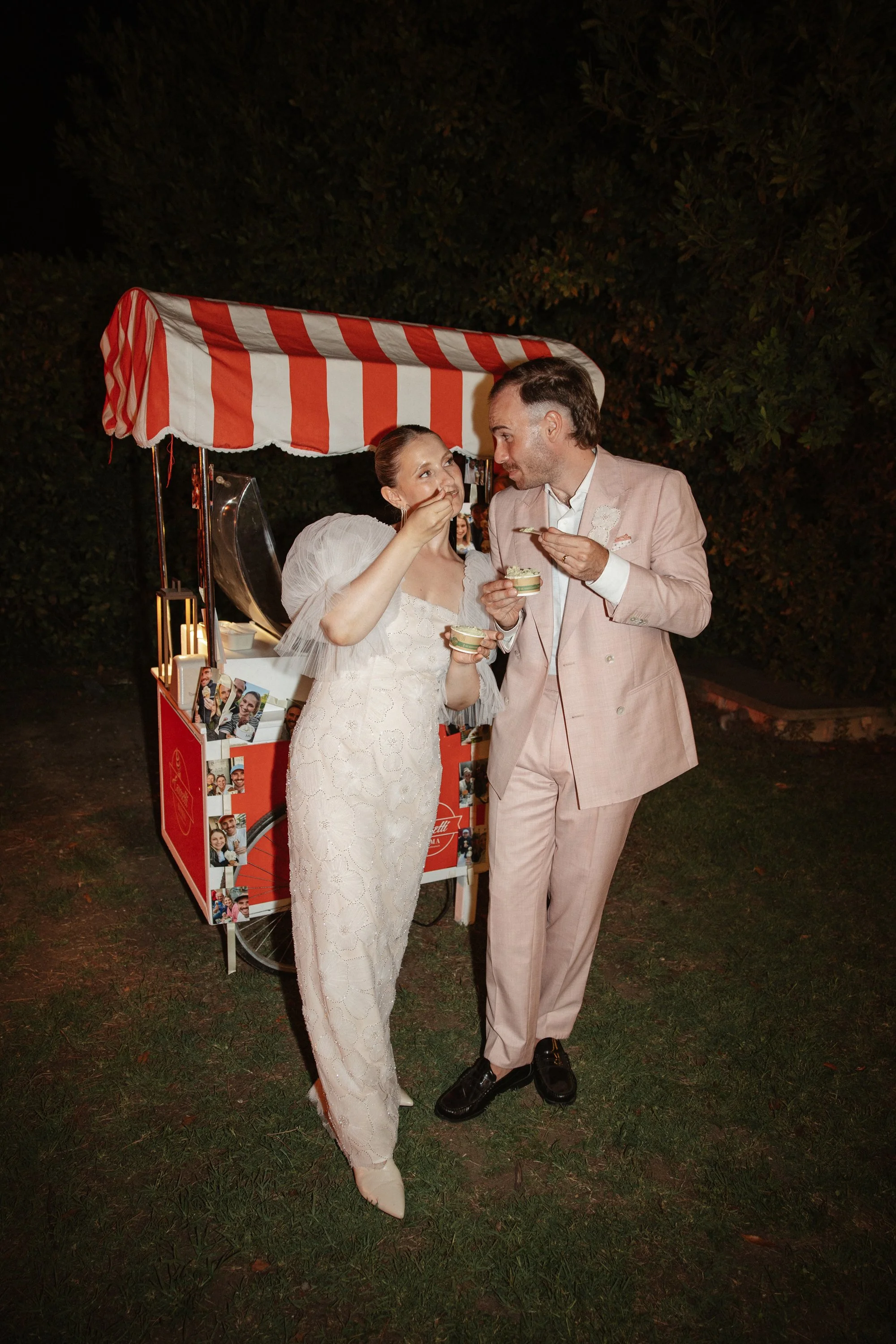 Selina, Jamie and their guests dancing, enjoying ice cream and jumping into the pool at Casale del Gallo during a relaxed Italian summer wedding party.