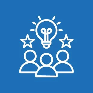 Icon of a light bulb with rays above three people and two stars around it on a blue background.