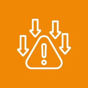 Warning sign with a triangle and an exclamation mark, surrounded by four downward arrows indicating caution or danger.