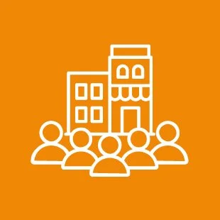 Outline of a group of people in front of two buildings on an orange background.