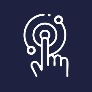 Line drawing of a hand touching a circular button with surrounding concentric circles and smaller circles, resembling a touchscreen or control interface.