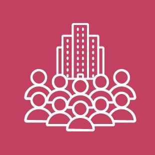 Outline illustration of a group of people in front of a tall building against a pink background.