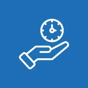 Outline of a hand holding a clock icon on a blue background.