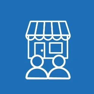 Line art icon of a storefront with an awning and two people in front.