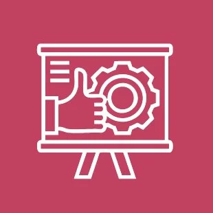 Icon of a presentation board with a thumbs-up and gear, representing settings or support.