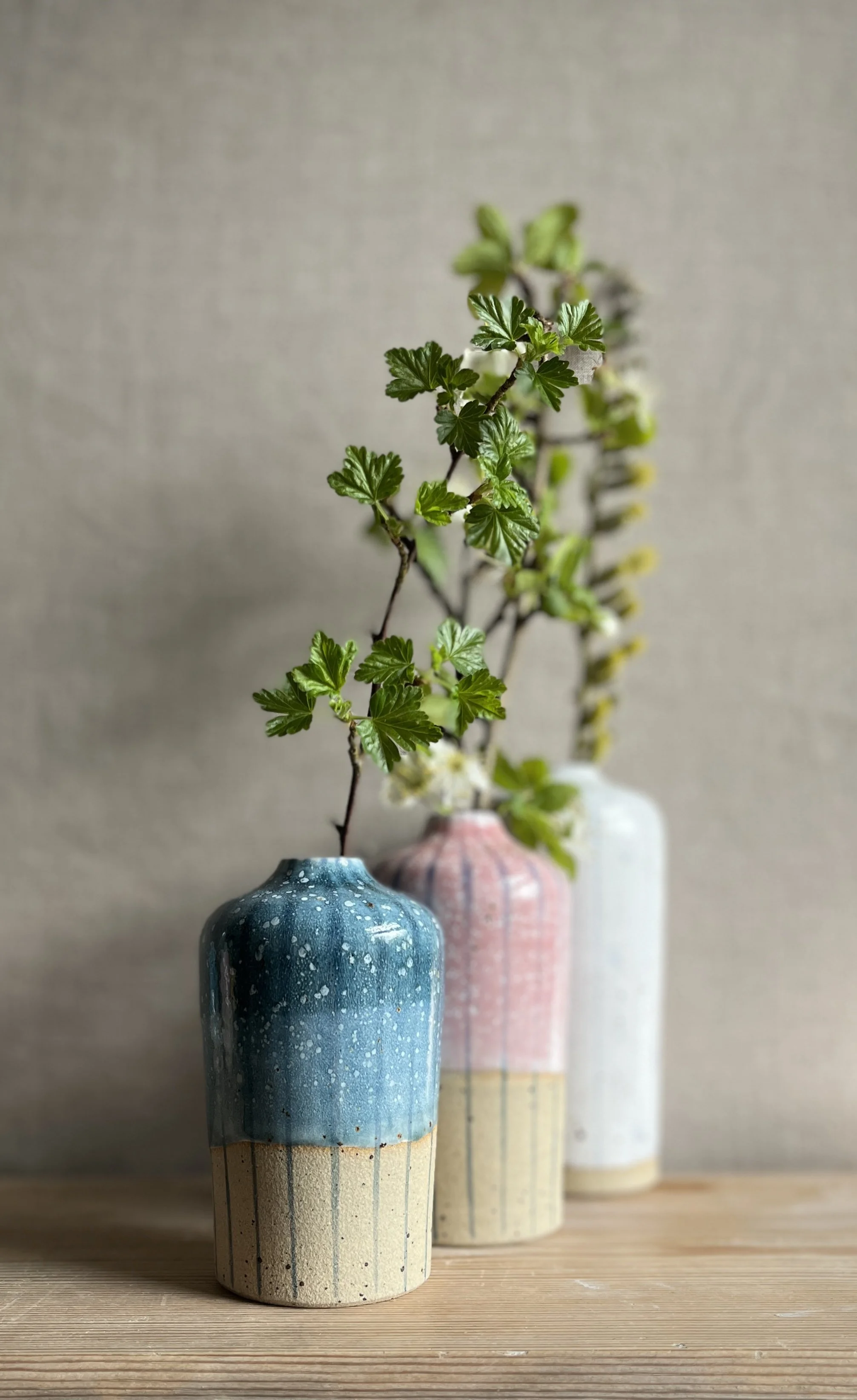 three ceramic Vases with blue stripes, one with blue glaze one with pink and one ith a white glaze on a wooden surface, with a blurred background