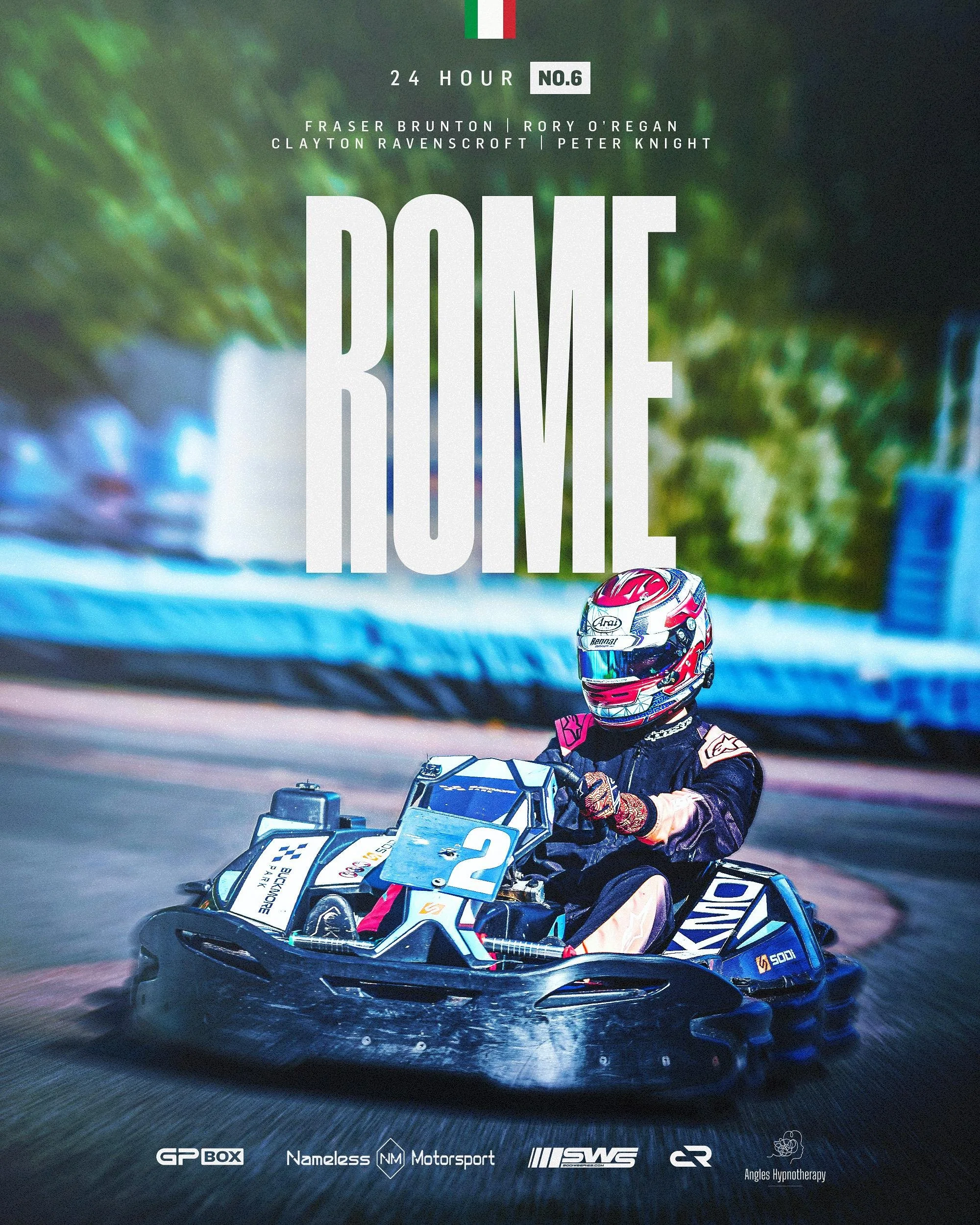 A person racing a go-kart on a track, wearing a helmet and racing suit, with the word "ROME" prominently displayed in the background.