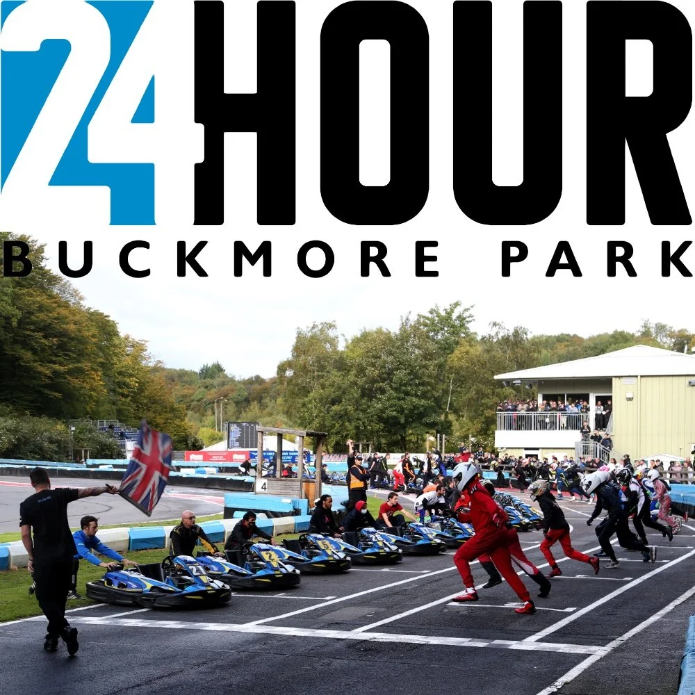 Poster for a 24-hour go-kart race at Buckmore Park, featuring a driver with a helmet and a person with a headset in the background, and several go-karts racing at the bottom. Alpha Live logo is displayed.